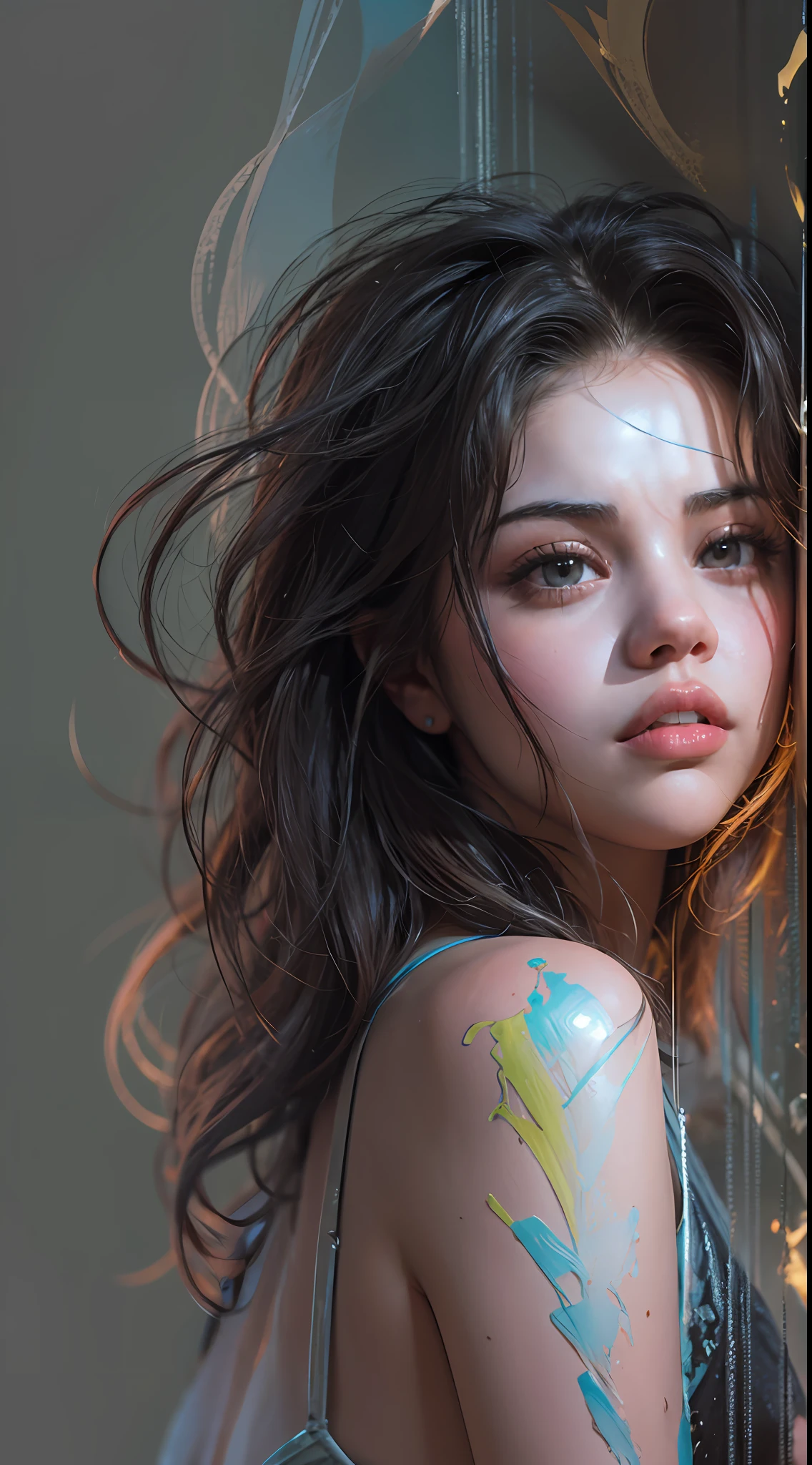 ((Selena Gomez:1.2)) at the top of the gray tank; Ben Bocchau, Michael Garmash, Daniel F. Gerhartz, Clint Sirley, Carne Griffiths, Jean-Baptiste Mong, Strebeck style, Warm dreamy lighting, Matte background, volumetric lighting, Pulp adventure style, Liquid acrylic, Dynamic gradients, Dark color, illustration, A highly detailed, ، simple, Smooth and clean vector curves, vector-art, downy, Johan Grenier, Character Design, 3D التظليل, Fan box, Cinematic, Decorative motifs, Elegant organic framing, hyperrealism, poster, Masterpiece Collection, Bright lush colors, TXAA, Penumbra, Alcohol coating, Law of Noise