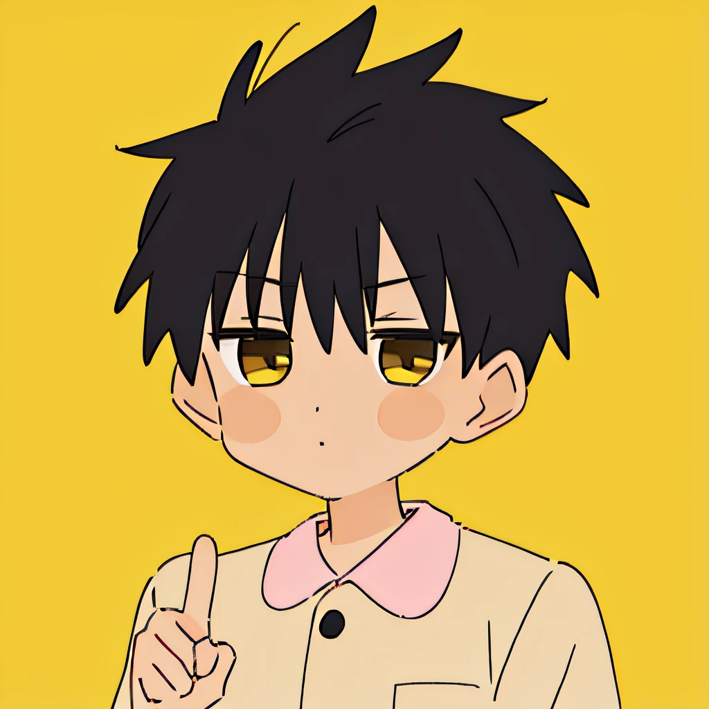 masterpiece, 1boy, short hair, wearing pajamas, yellow eyes, make a peace sign, sweat, yellow background
