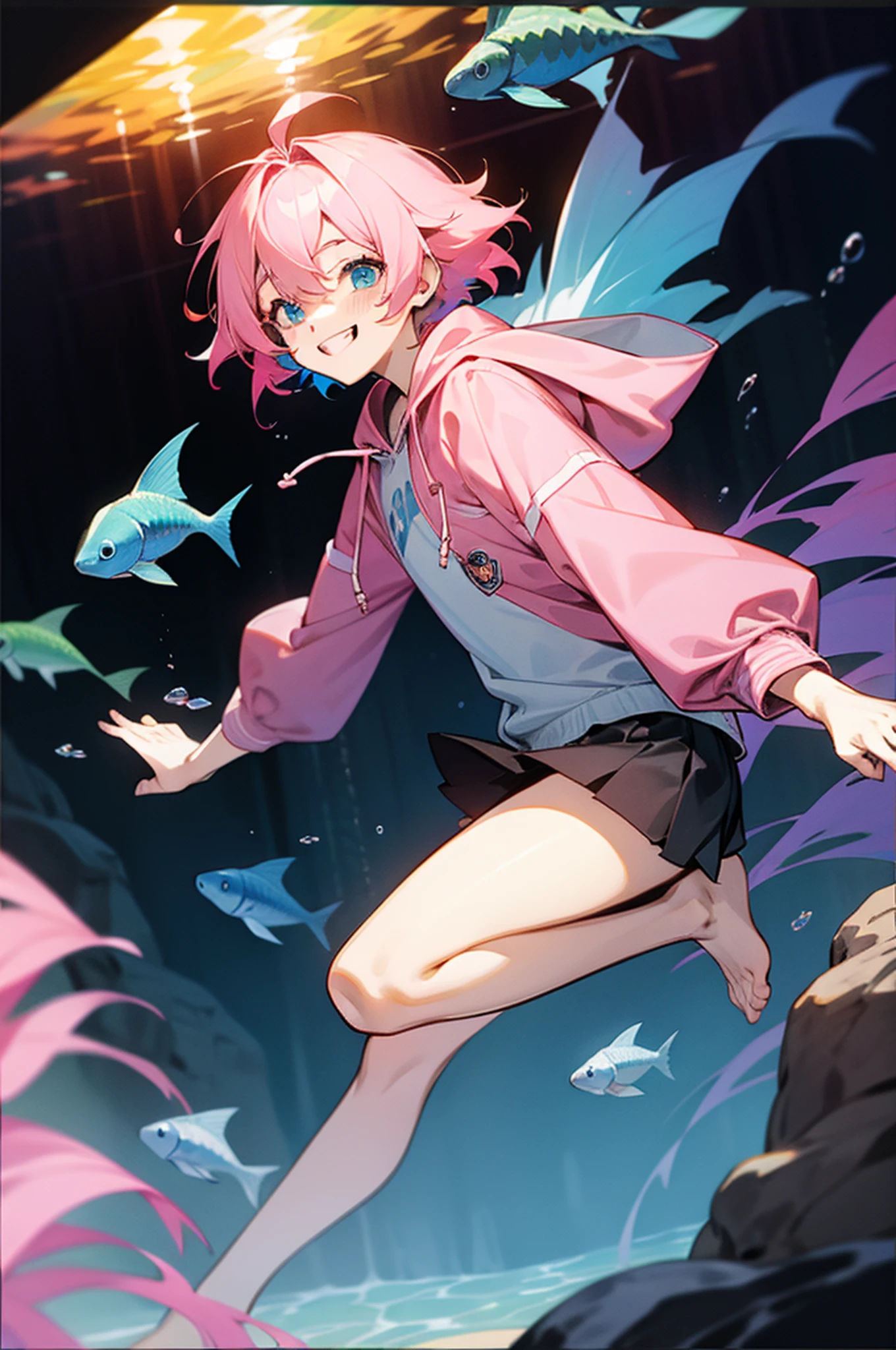 Animation style,schoolboy,handsome,Light pink hair,short skirt,Hooded jacket,barefooted,Aquarium,Colorful,grin