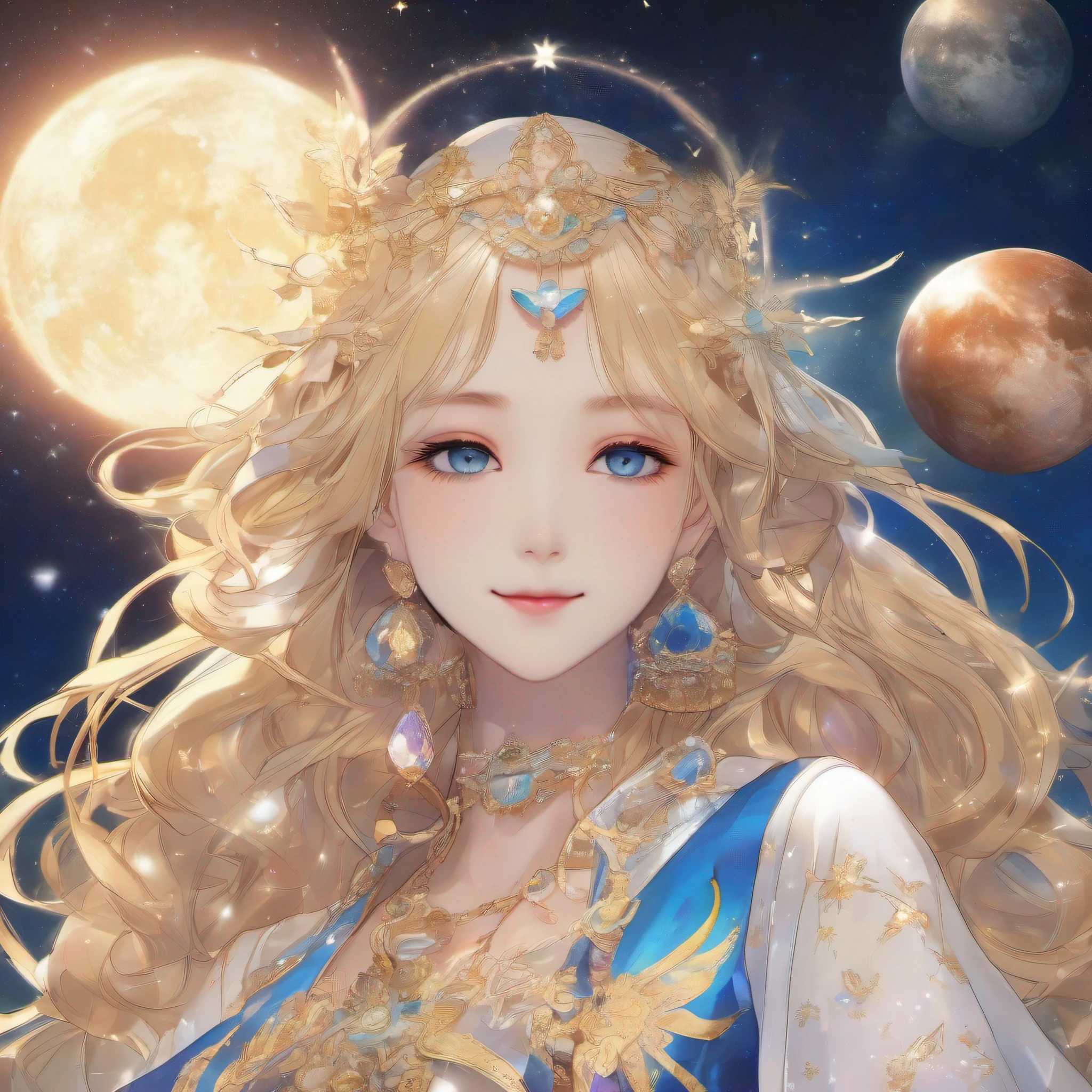 (tmasterpiece、Need、ultra-delicate、A high resolution),1goddess,(Long blonde hair、Eye hemorrhoids、closing her eyes、ssmile),(background starry sky、planet earth、suns、themoon、galactic),Divine light,The characters radiate holy light,offcial art,Extremely detailed,(The upper part of the body、Front lens、facing at camera)