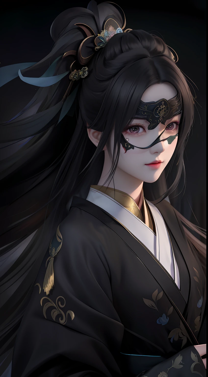 There is a mask on one face,Woman in black dress, by Yang J, Guviz-style artwork, Beautiful character painting, Palace , A girl in Hanfu, Guviz, style of anime4 K, Inspired by Ai Xuan, Stunning anime face portrait, a beautiful anime portrait, Digital anime illustration, flowing hair and long robes