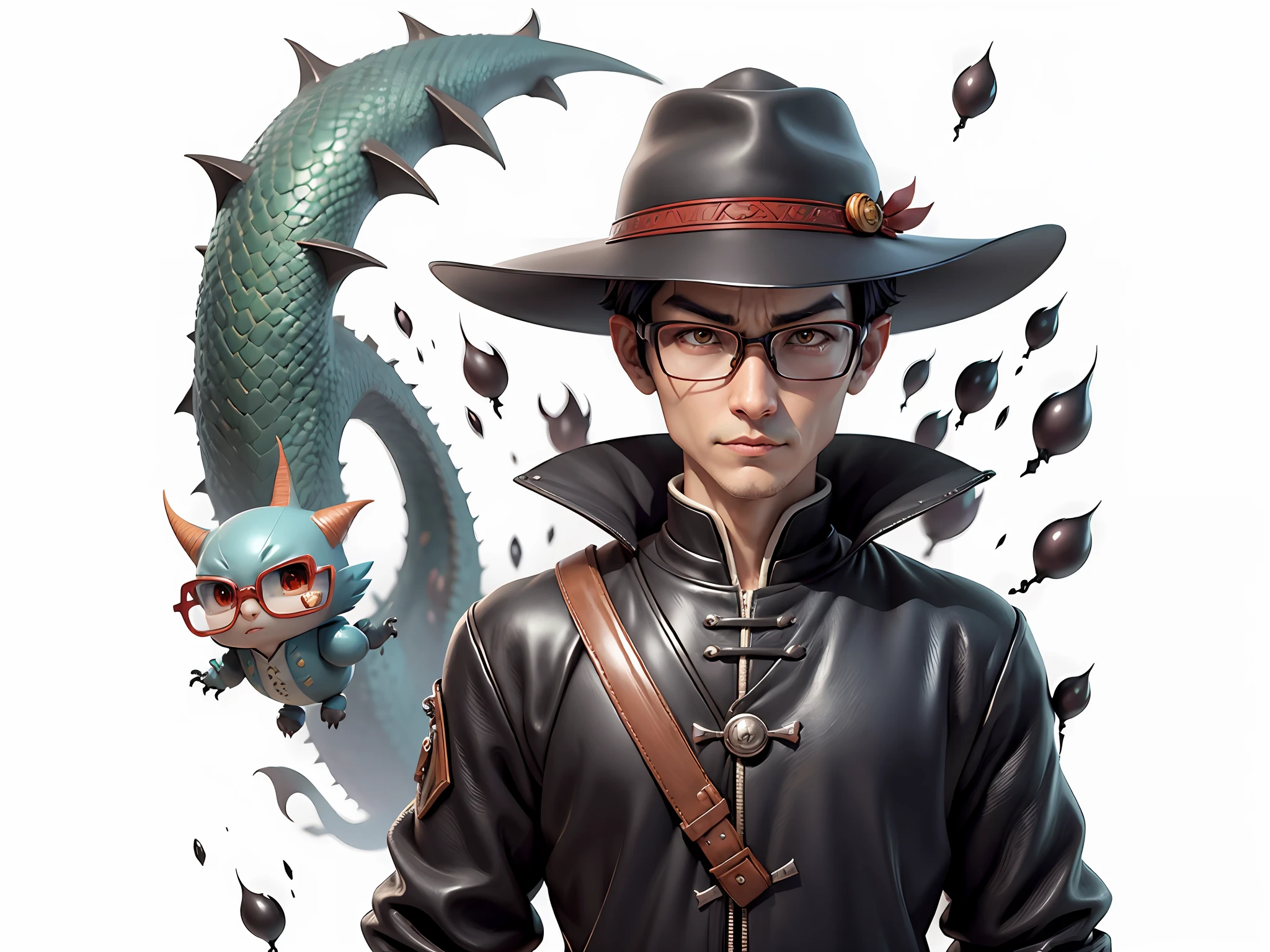 Young man with oriental face in leather hat, dragon, formal suit, short black hair, silver glasses, digital painting, 3D character design by Mark Clairedon and Pixar and Hayao Miyazaki and Akira Toriyama, the illustration is a high-definition illustration in 4K resolution with very detailed facial features and cartoon-style visuals.