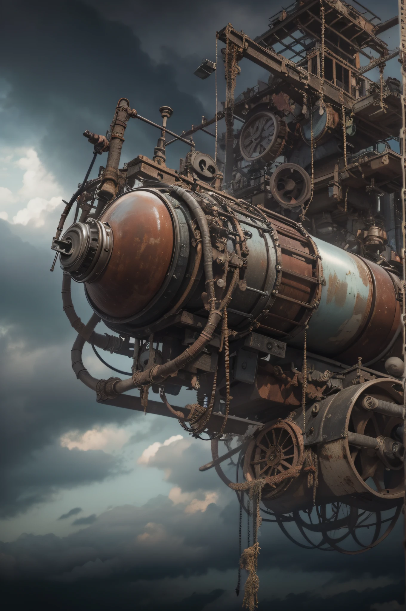 a heavily distorted, fading late morning heavily overcast sky, a singular object comprised of contorted feathers/machinery/pipes/rusted components is floating in the air, extra detail, 4kHD details, best resolution, surrealistic composition, extreme camera angle, motion blur, depth of field, foreshortening, tilted camera angle, cinematic lighting, movie scene, precise details, intense details, panoramic image, fish eye lens