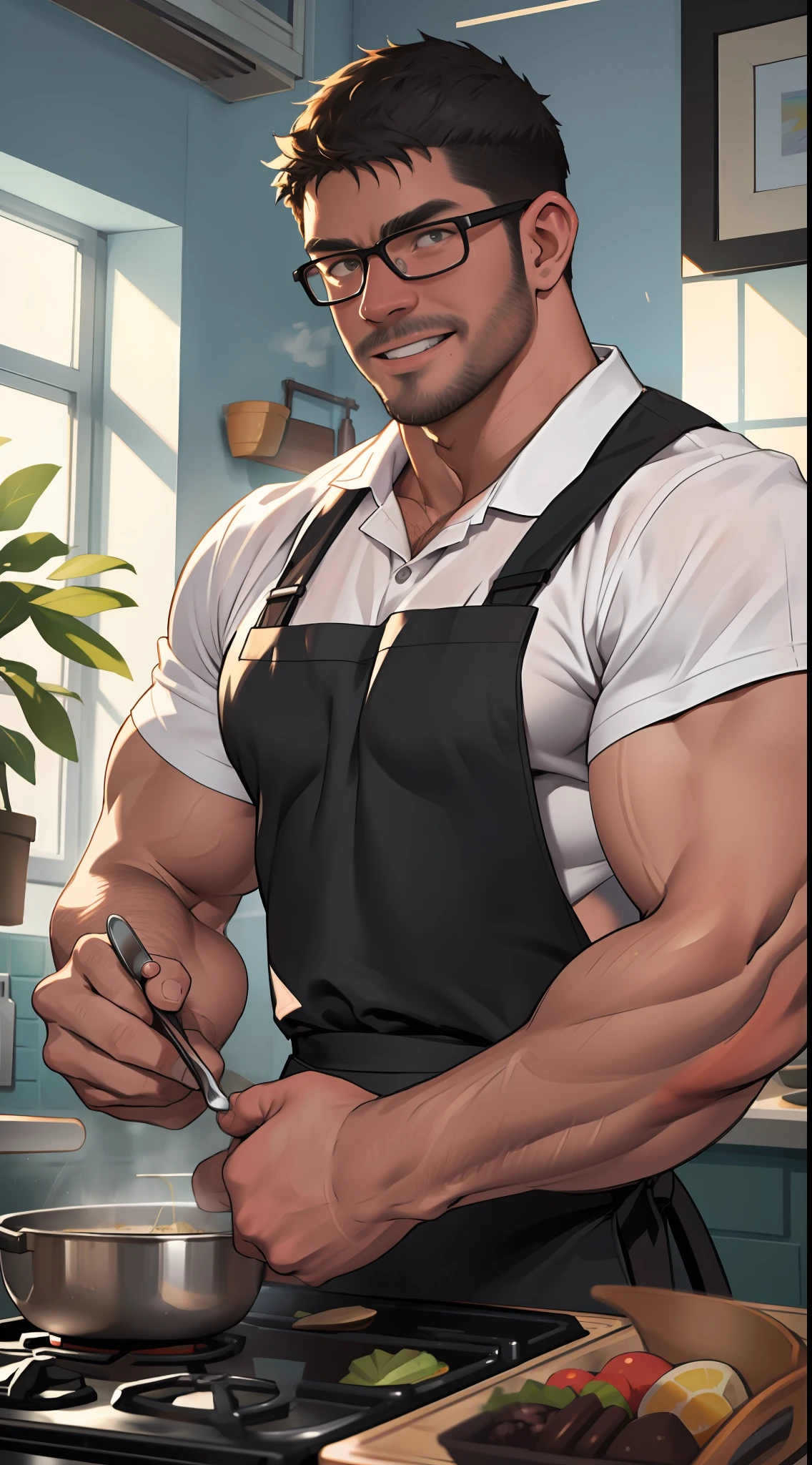 masterpiece, best quality, highres, upper body shot, ((wide angle)), zoom out, middle-aged man, macho, daddy, beefy, burly, hairy, manly, black with hair, really tall, wearing glasses, white shirt, wearing black apron, cooking, apartment in the background, cheerful smile, morning, beams of sunlight, window in the background, shadows, incredible composition, HDR, volumetric lighting, aesthetic, seen from the side low camera angle