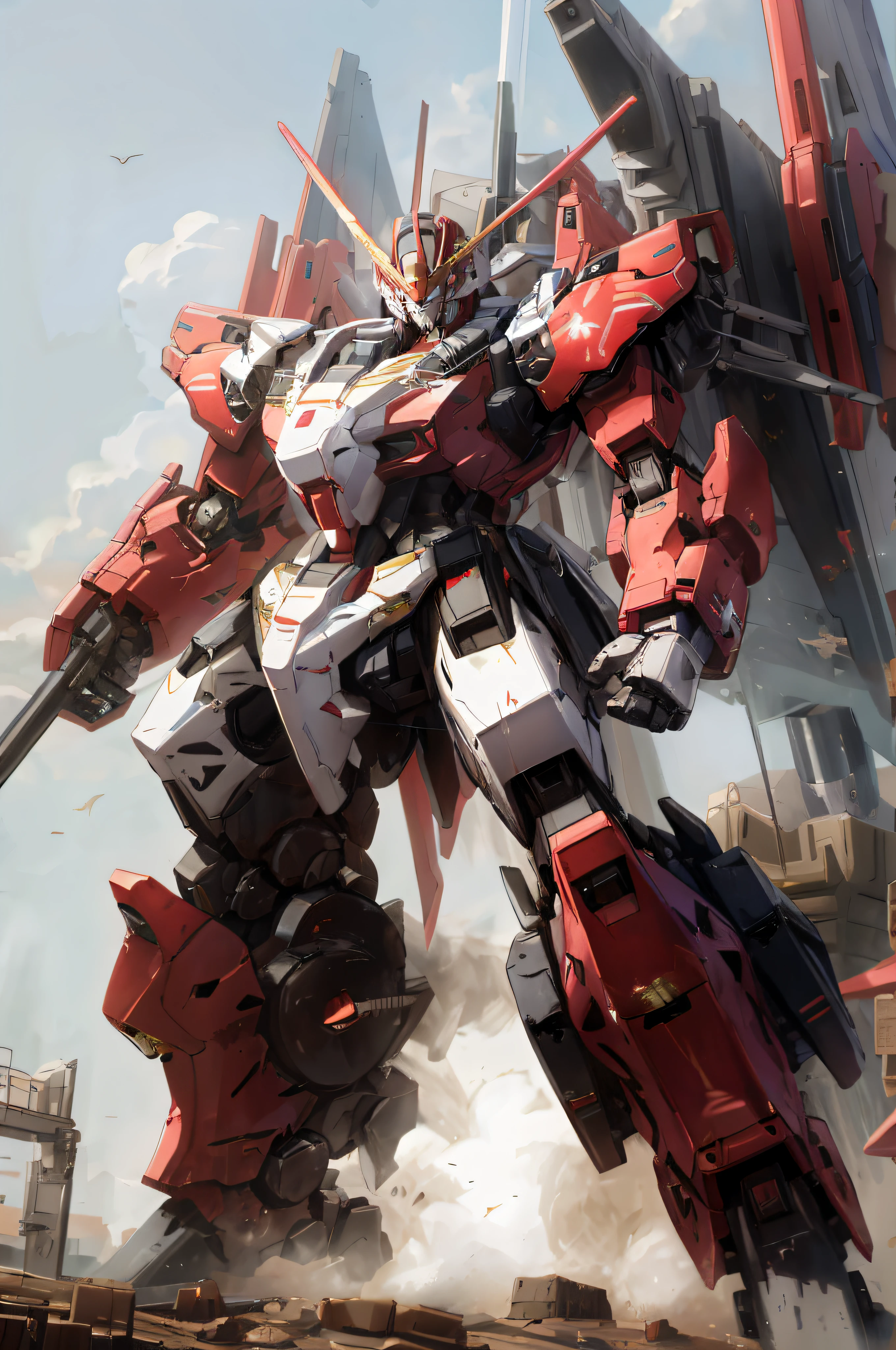 arafed robot standing on a platform with a large gun in its hand, mecha art, cool mecha style, alexandre ferra mecha, modern mecha anime, alexandre ferra white mecha, an anime large mecha robot, mecha anime, giant anime mecha, mecha asthetic, gundam style, red mech