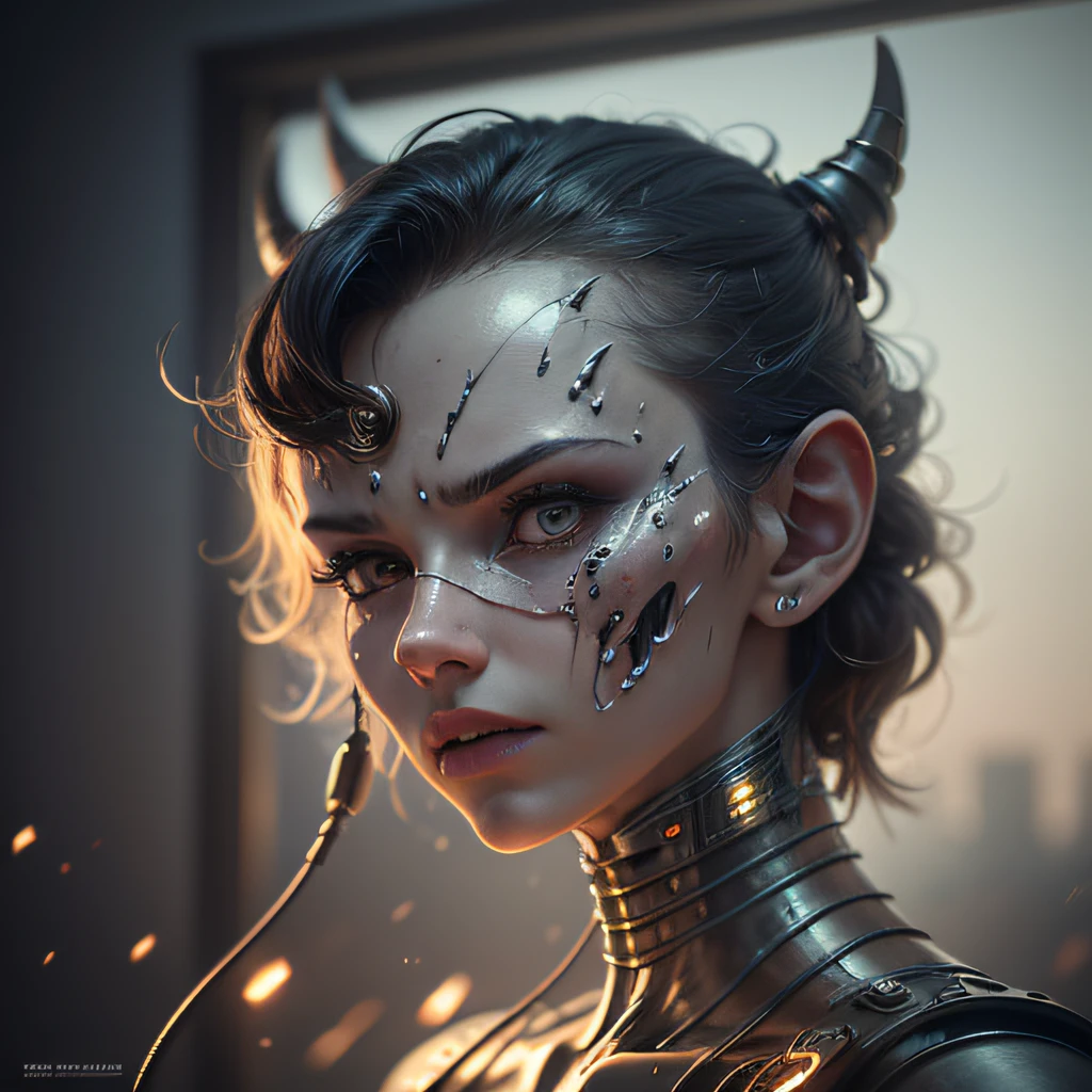 (ohwx) a demon alien, scary look, close-up, photography, natural light, photorealism, cinematic rendering, ray tracing, highest quality, highest detail, cinematics, third-person view, blur effect, long exposure, 8K, Ultra-HD, daylight, changing lighting, cinematic lighting, high key1mechanical girl, ((ultra realistic details)), portrait, global lighting, shadows, octane rendering, 8k, ultra sharp, metal, intricate, detailed embellishments, cool colors, egyptian details, very intricate details, realistic light, trend in CGsociety, bright eyes, front camera, neon details, mechanical limbs, blood vessels connected to tubes, mechanical vertebrae that attach to the back, mechanical cervial that attaches to the neck, sitting, wires and cables that connect to the headSyberart, centered, it creates a dramatic, action-packed Terminator. Use advanced photography and image editing techniques to realistically capture intense expression and posture, and play with light and shadow to add depth and drama to the image. Incorporate battlefield elements, such as debris and destruction, to add context and visual interest to the image. Make sure the image has high resolution and impeccable image quality to ensure a very realistic and dynamic appearance.