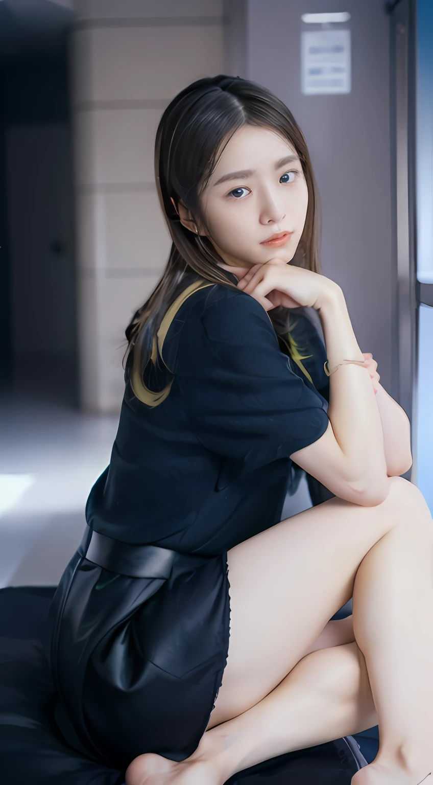 1 girl in(8K、Raw photography、top-quality、masterpiece:1.2)、(realisitic、realisitic:1.37)、ultra-detailliert、Full body shot、realistic eyes and face details、natural skin textures、Dark eyebrows、(((thighs thighs thighs thighs、cross one's legs)))、Fair skin、A detailed face、真实感、Realistic background、Realistic lighting、Sweaty skin