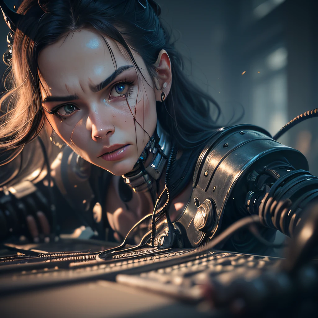 (ohwx) a demon alien, scary look, close-up, photography, natural light, photorealism, cinematic rendering, ray tracing, highest quality, highest detail, cinematics, third-person view, blur effect, long exposure, 8K, Ultra-HD, daylight, changing lighting, cinematic lighting, high key1mechanical girl, ((ultra realistic details)), portrait, global lighting, shadows, octane rendering, 8k, ultra sharp, metal, intricate, detailed embellishments, cool colors, egyptian details, very intricate details, realistic light, trend in CGsociety, bright eyes, front camera, neon details, mechanical limbs, blood vessels connected to tubes, mechanical vertebrae that attach to the back, mechanical cervial that attaches to the neck, sitting, wires and cables that connect to the headSyberart, centered, it creates a dramatic, action-packed Terminator. Use advanced photography and image editing techniques to realistically capture intense expression and posture, and play with light and shadow to add depth and drama to the image. Incorporate battlefield elements, such as debris and destruction, to add context and visual interest to the image. Make sure the image has high resolution and impeccable image quality to ensure a very realistic and dynamic appearance.