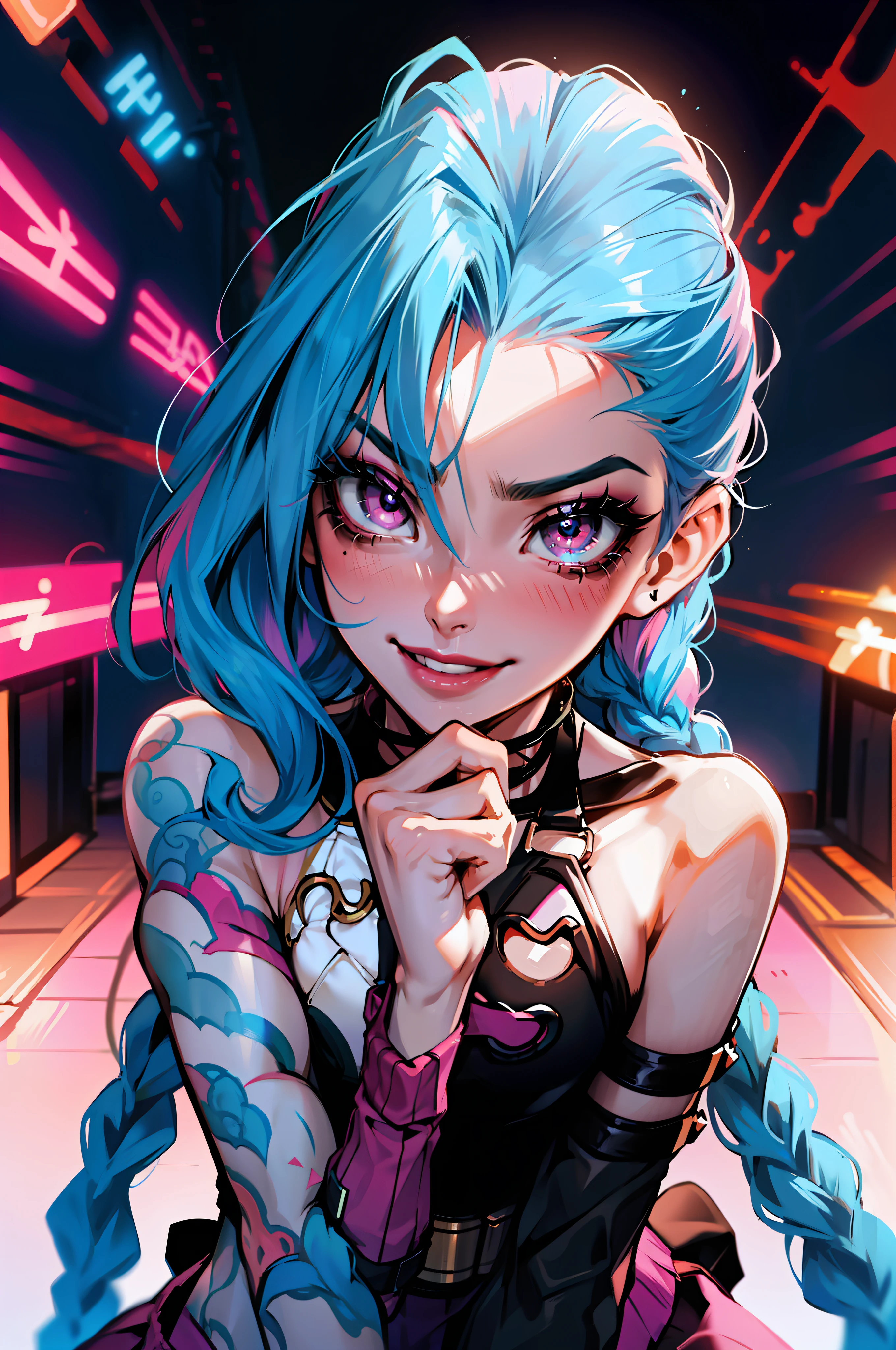 (Stand in the street), (Night background), short denim skirt, the complex background, multicolored hair, (Colored inner hair), full blush, Side lighting, the complex background, looking to the camera, Side lighting, Makeup, Makeup, Blush, rough breath, Drooling, Naughty face, saliva trail, Evil, Cinematic lighting, hyper HD, Masterpiece, ccurate, Anatomically correct, Textured skin, Super detail, 8K,nosebleed, clench one's teeth, Evil smile, Lick lip, expressions, Daoyagao