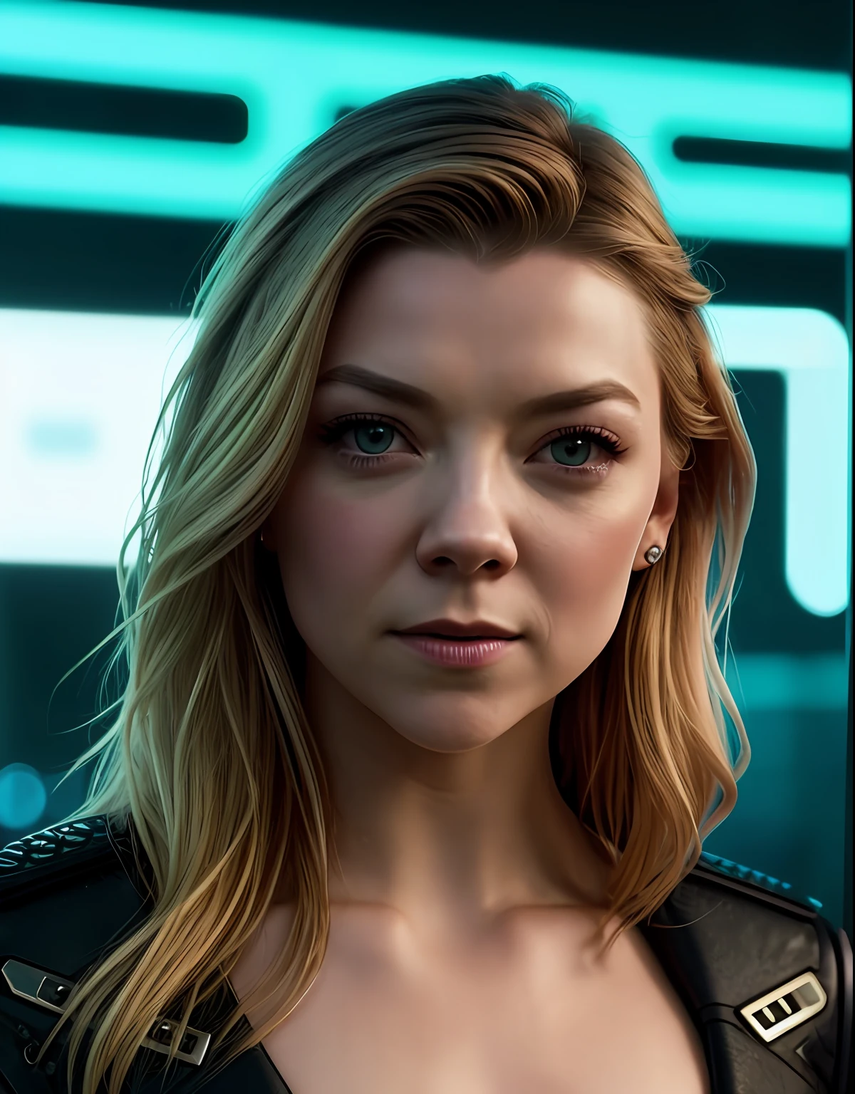 Close-up, foto crua de Natalie Dormer, long side cut hair, Cidade Cyberpunk movimentada com placas de neon, altamente detalhada, arts station, liso, foco nítido, 8k, trending in instagram, Trending on Tumblr, HDR 4K, 8k