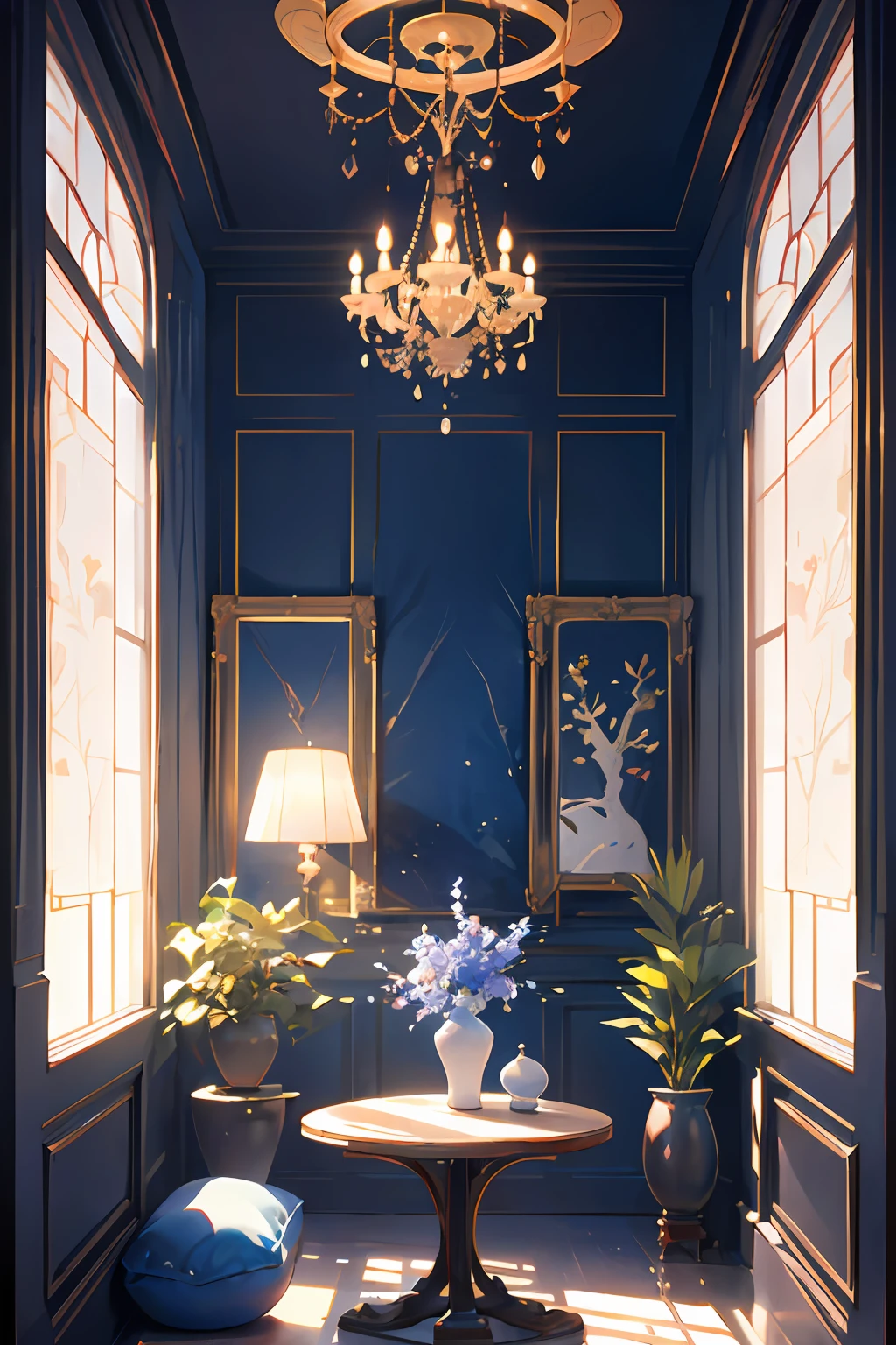 (antique interior design), Chinese home furnishings, round porch, depth, symmetrical design, ((antique carved door beams, carved beam paintings, tables and chairs, bonsai, vases, porcelain, trees, flowers, Chinese lamps, embroidery, screens, beds, cushions, blue sand curtains)), exquisite home, rich details, ancient Chinese Ming Dynasty style, quiet and elegant atmosphere, blue tones as the keynote, exquisite and soft painting style, cinematic lighting effects, HD picture quality, soft light, Tyndall effect, dreamy, rich details, Reference Gu Kaizhi, 32k, high quality, high resolution, (very detailed CG unity 8k wallpaper)