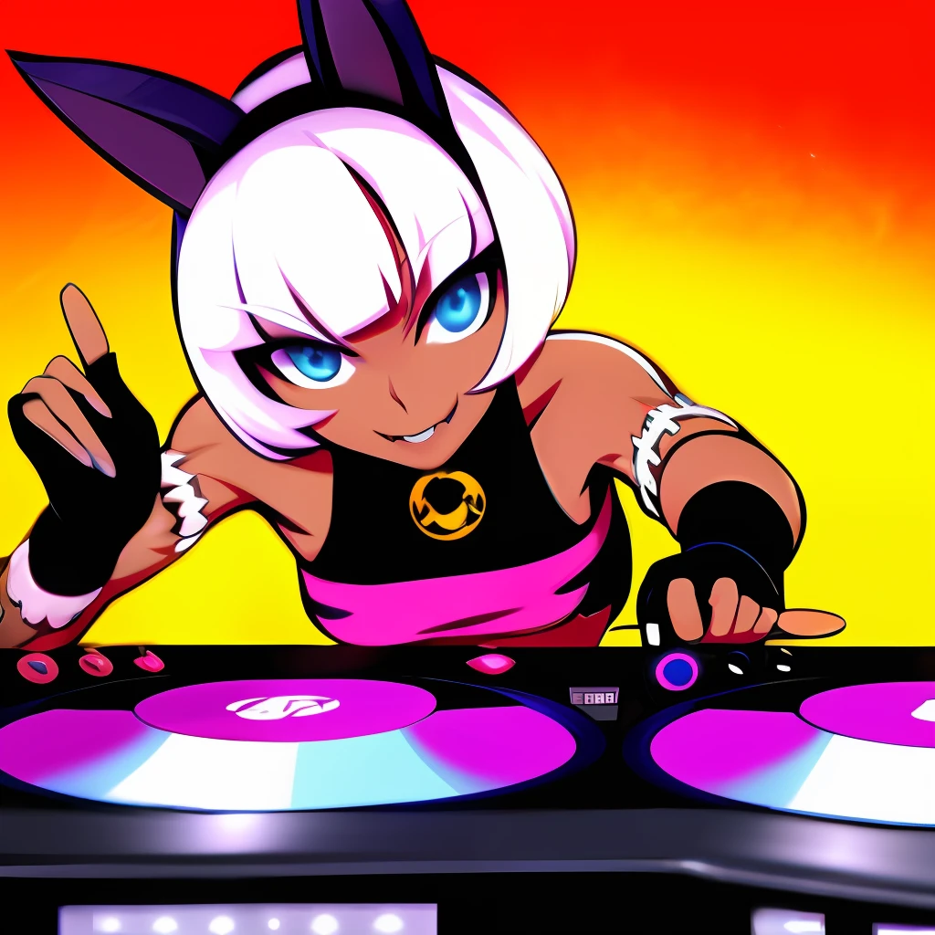 , A solo shot featuring Ms Fortune  a DJ, showcasing her skills on the turntables at a vibrant rave.