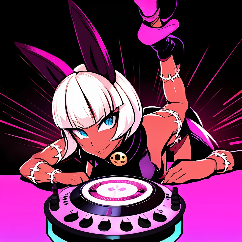 , A solo shot featuring Ms Fortune  a DJ, showcasing her skills on the turntables at a vibrant rave.