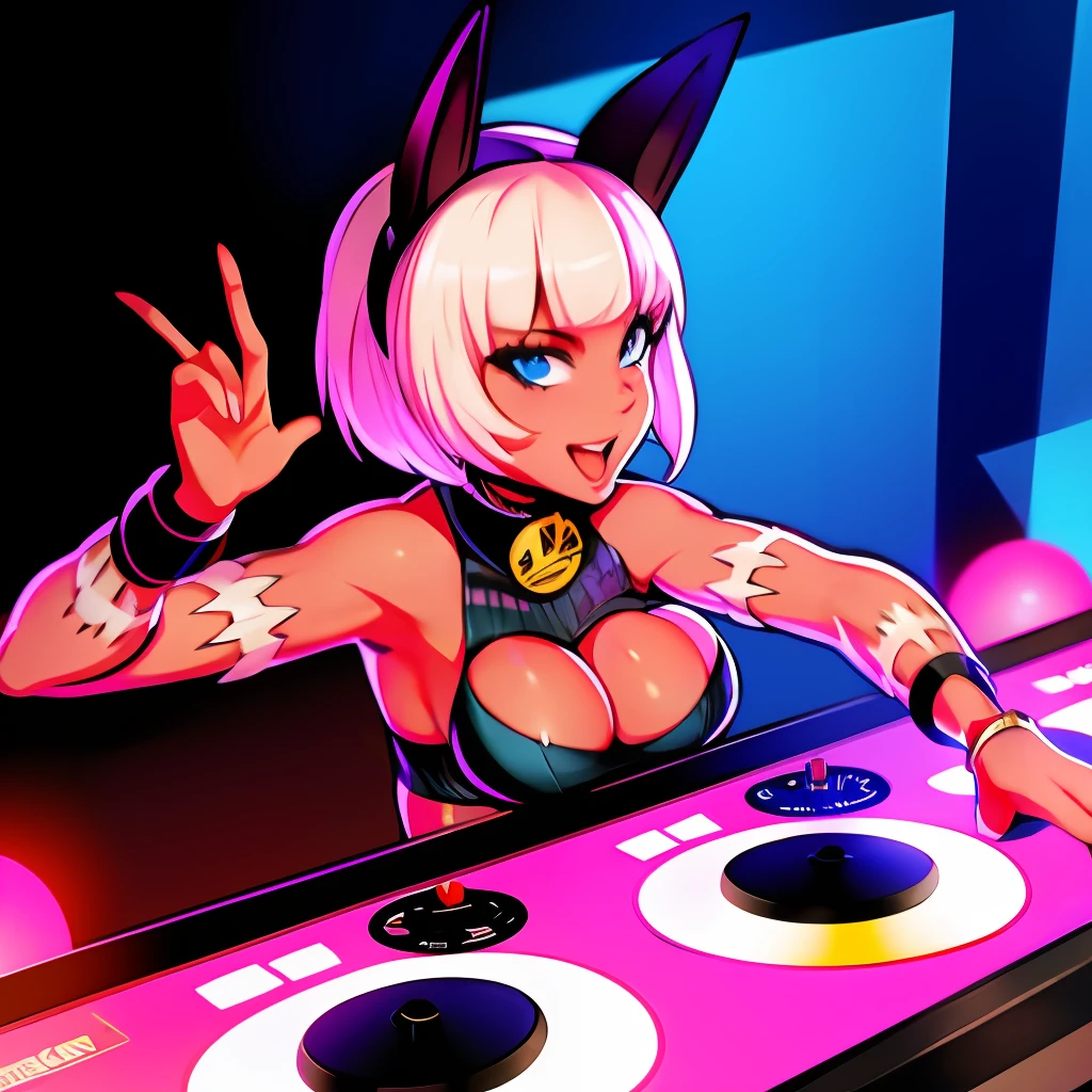 , A solo shot featuring Ms Fortune  a DJ, showcasing her skills on the turntables at a vibrant rave.