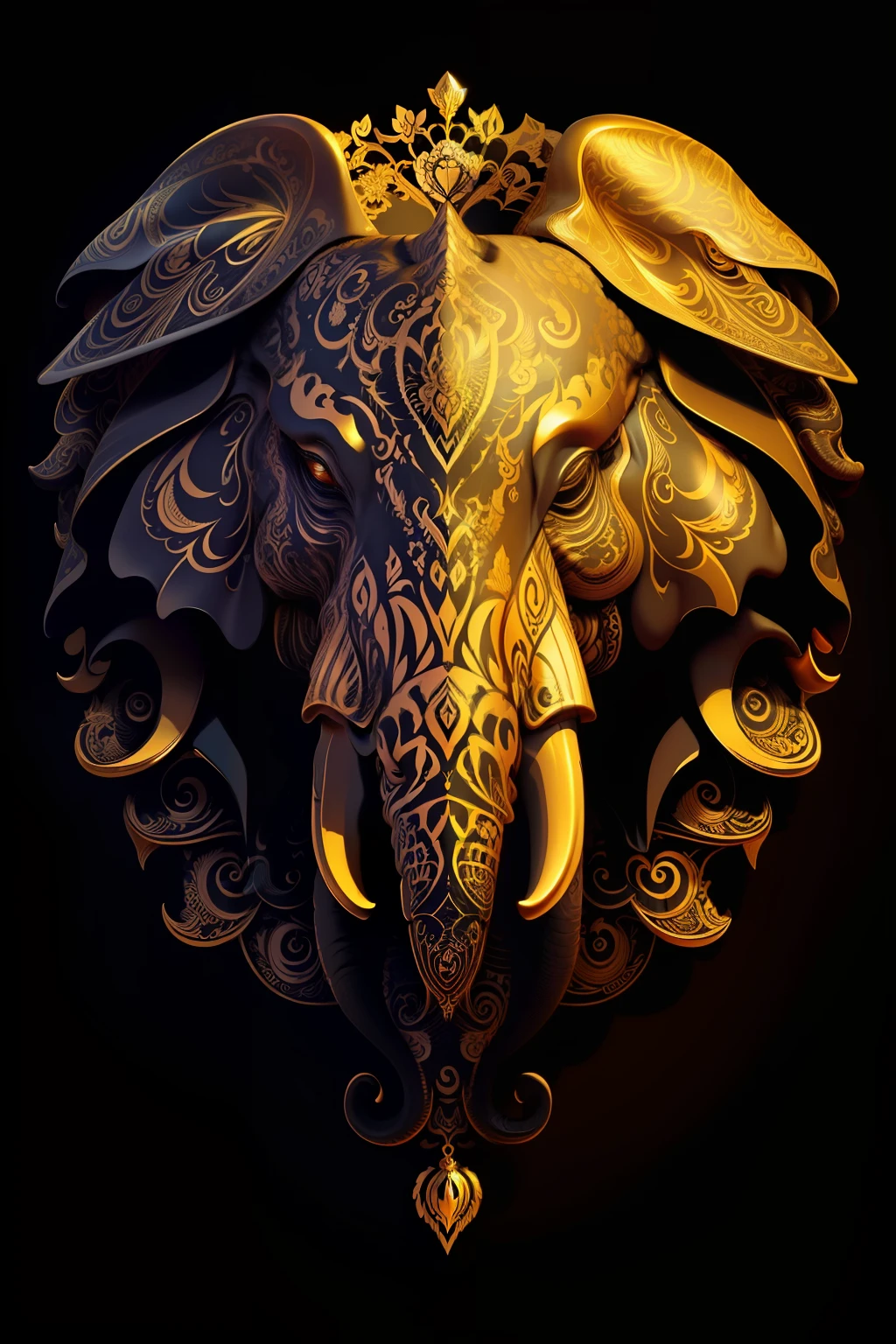 Elephant, extremely detailed and intrincate design, coat of arms. Colorful line art, fractal like, tattoo like design on the elephant. Golden and many colours. Some gold wodden lotus around. Black background.