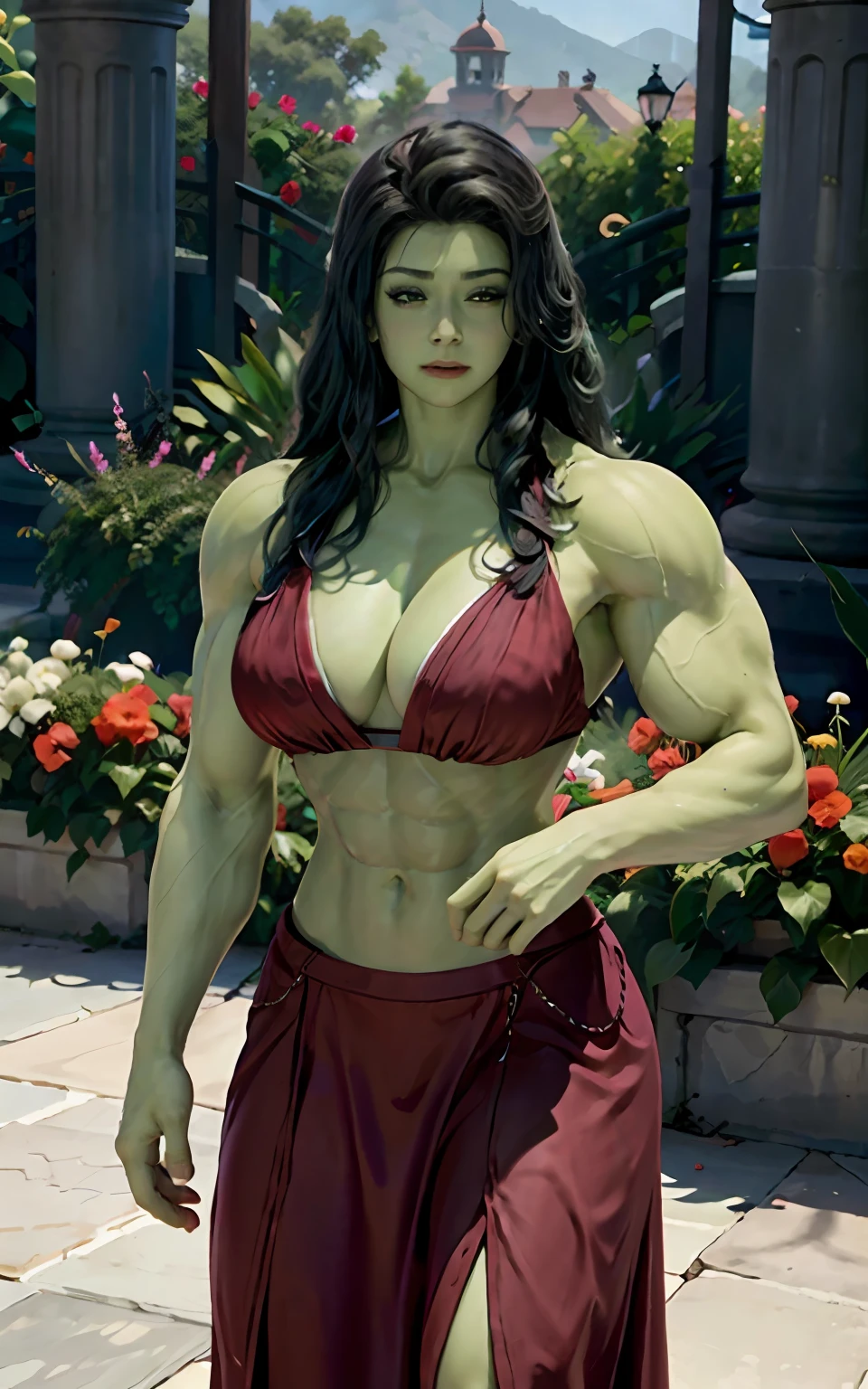 (1girll), huge tit, Breasts, Conque, Moisturizes skin,(Green skin) ,trpical garden , Roman costumes, teens girl,realistic illumination，top Quority，8K，tmasterpiece,Muscular female,Muscular,Abs