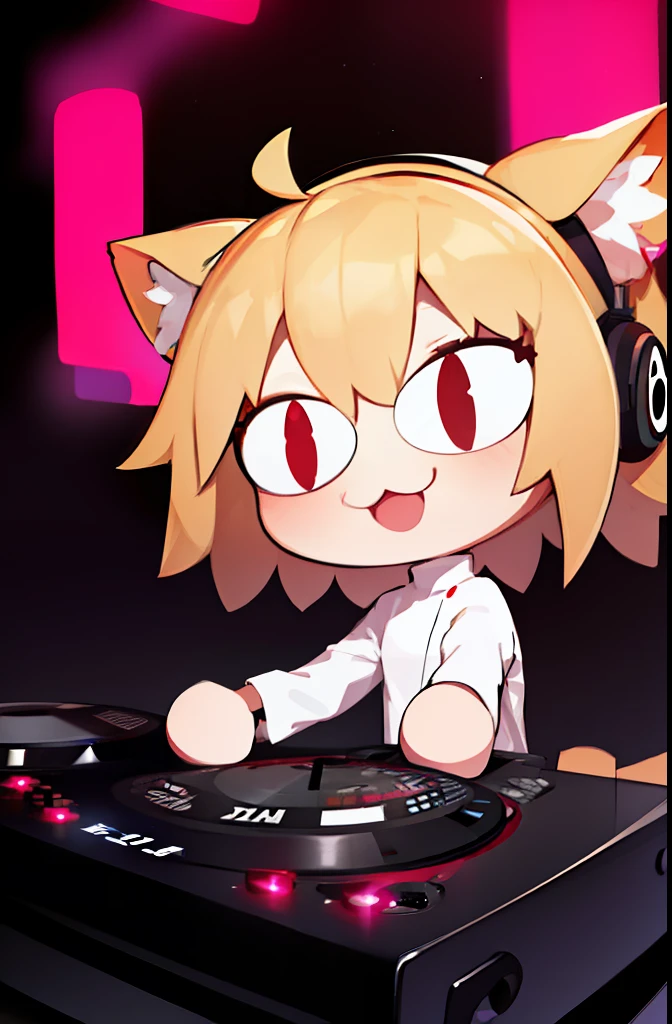 A solo shot featuring necoarc
1girl
solo
chibi
slit_eyes a DJ, showcasing her skills on the turntables at a vibrant rave.