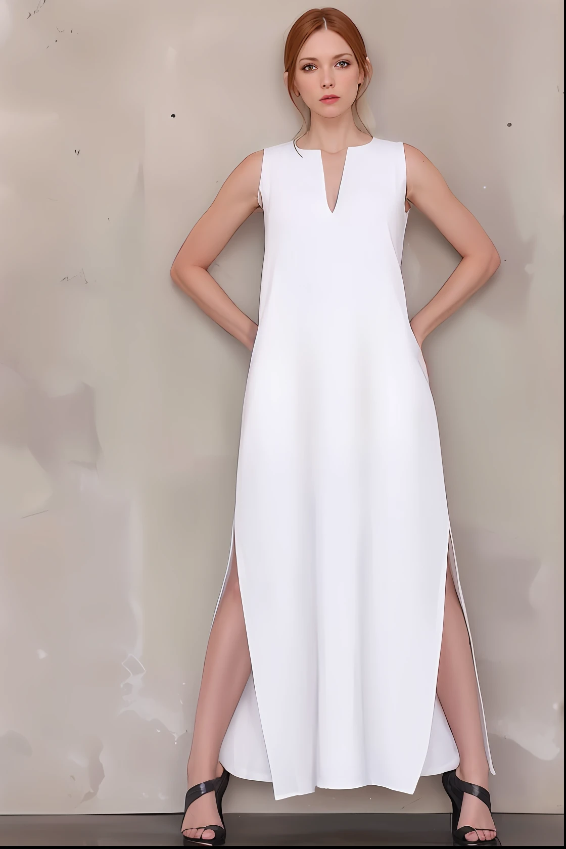 uma mulher com um vestido branco em frente a uma parede, vestido branco longo, vestido branco antigo, lindo vestido branco longo longo, em um maxi vestido branco, wearing a white flowing dress, white summer dress, full-length view, vestido branco!! de cabelos prateados, white flowing dress, vestido branco, vestido simples, em um longo vestido branco, white tunic