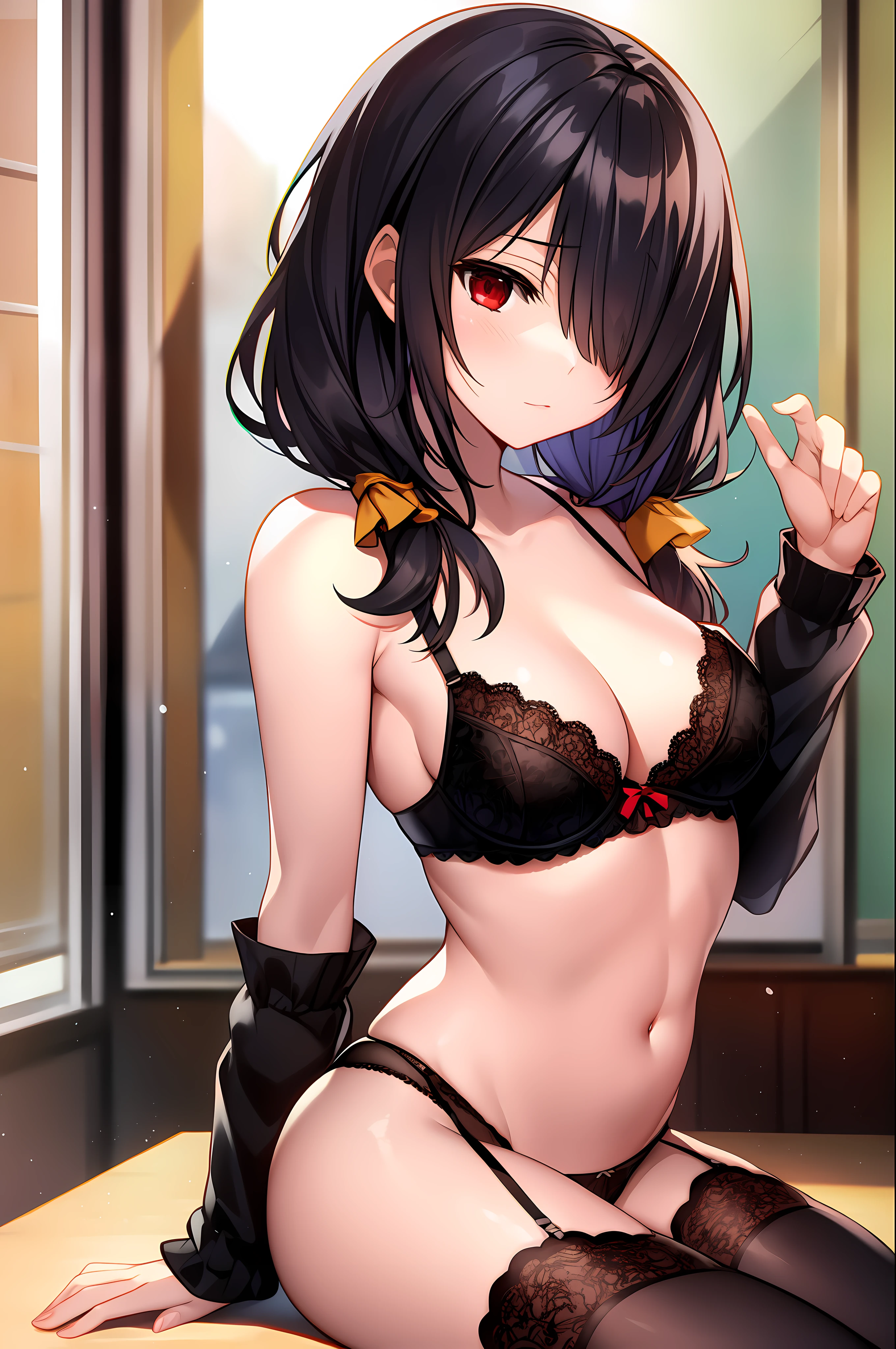 tokisaki kurumi, black hair, low twintails, (hair over right eye:1.5), (red eyes:1.2), (small breast:1.2), 1girl, masterpiece, best quality, black bra, black panties, nsfw, cleavage, lace trim, garter straps, black thighhighs, classroom, sitting, look at viewer