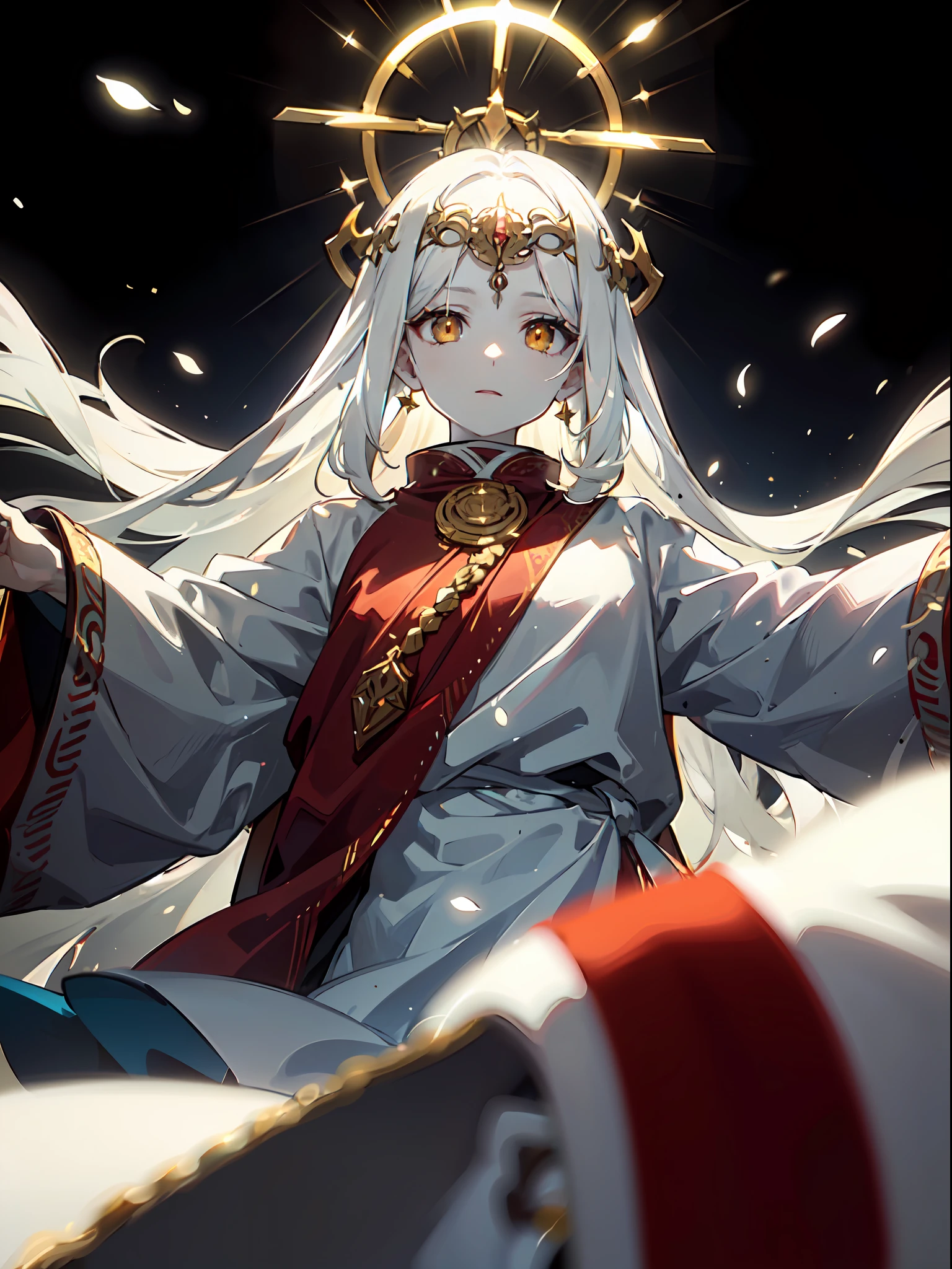 ((masterpiece)), ((pale skin)), (bokeh effect), (dynamic angle), (blurry background:1.3), sharp eyes, (golden eyes:1.1), (halo:1.3), (white hair:1.1), (aura:1.4), (glowing eyes:1.3), (glowing body:1.2), (divine:1.5), (deity:1.4)