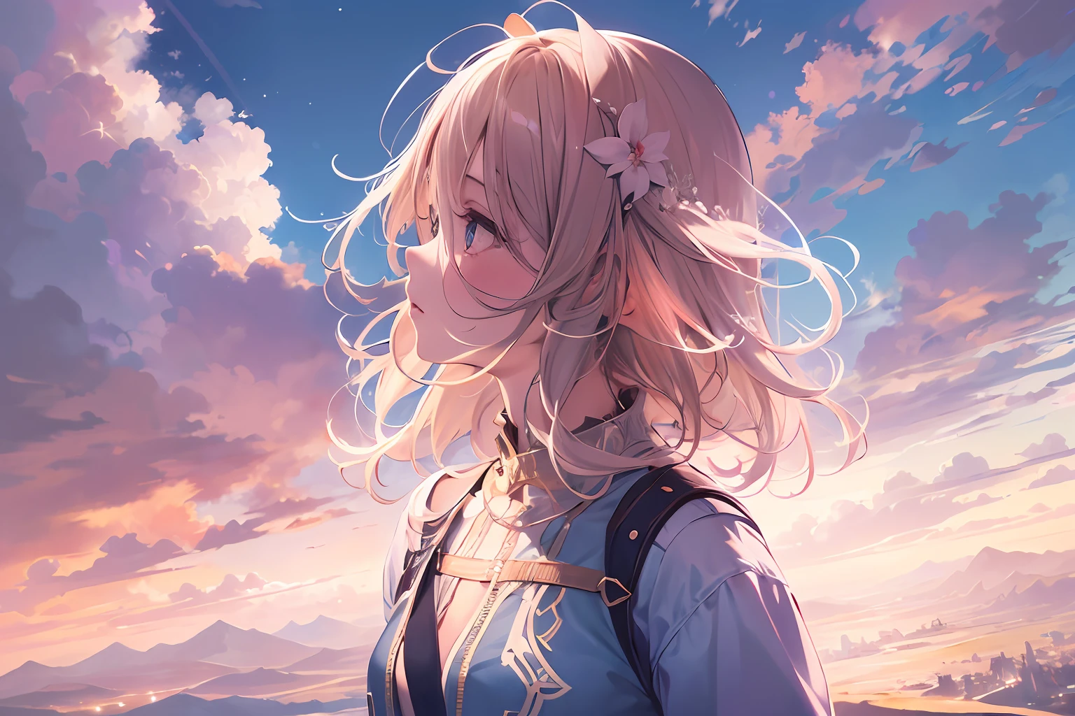 absurdres, highres, (official art, beautiful and aesthetic:1.2), close view,
shining sky, vast world, girl, gazing, awe-inspiring expression, distant horizon, clouds, high hill, natural beauty, inspiration, light effects,