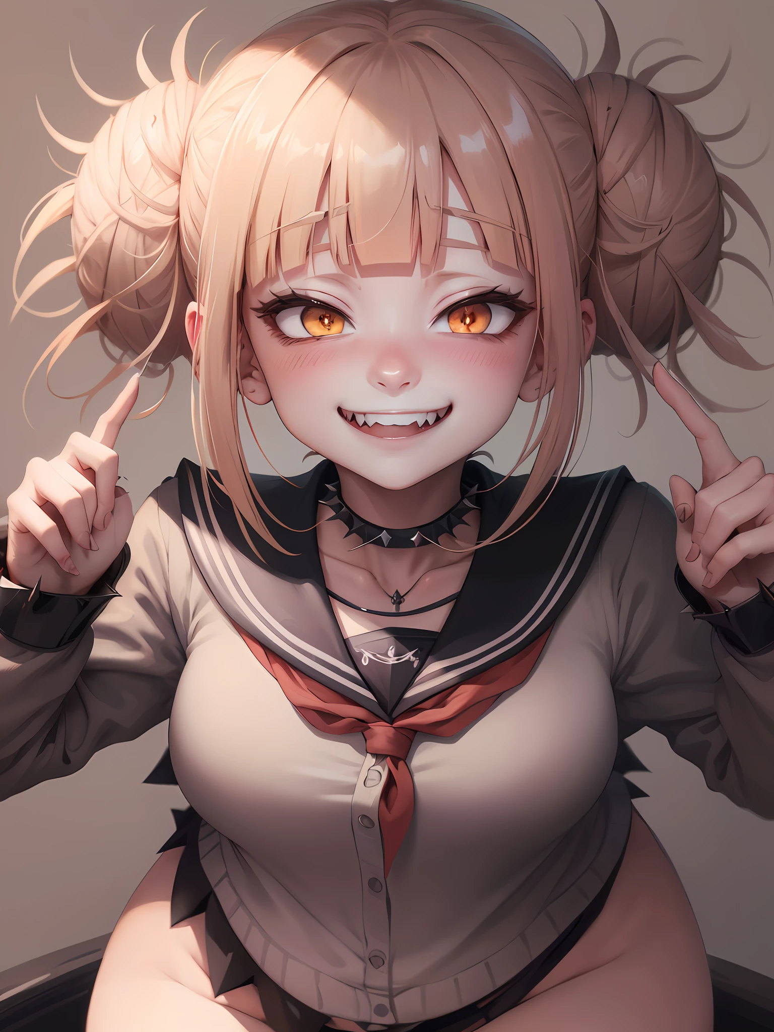 masterpiece, top quality, best quality, 1girl, Toga, (fangs), (unusual pupils), (smile), messy hair, (spikey choker), crazy blushing,