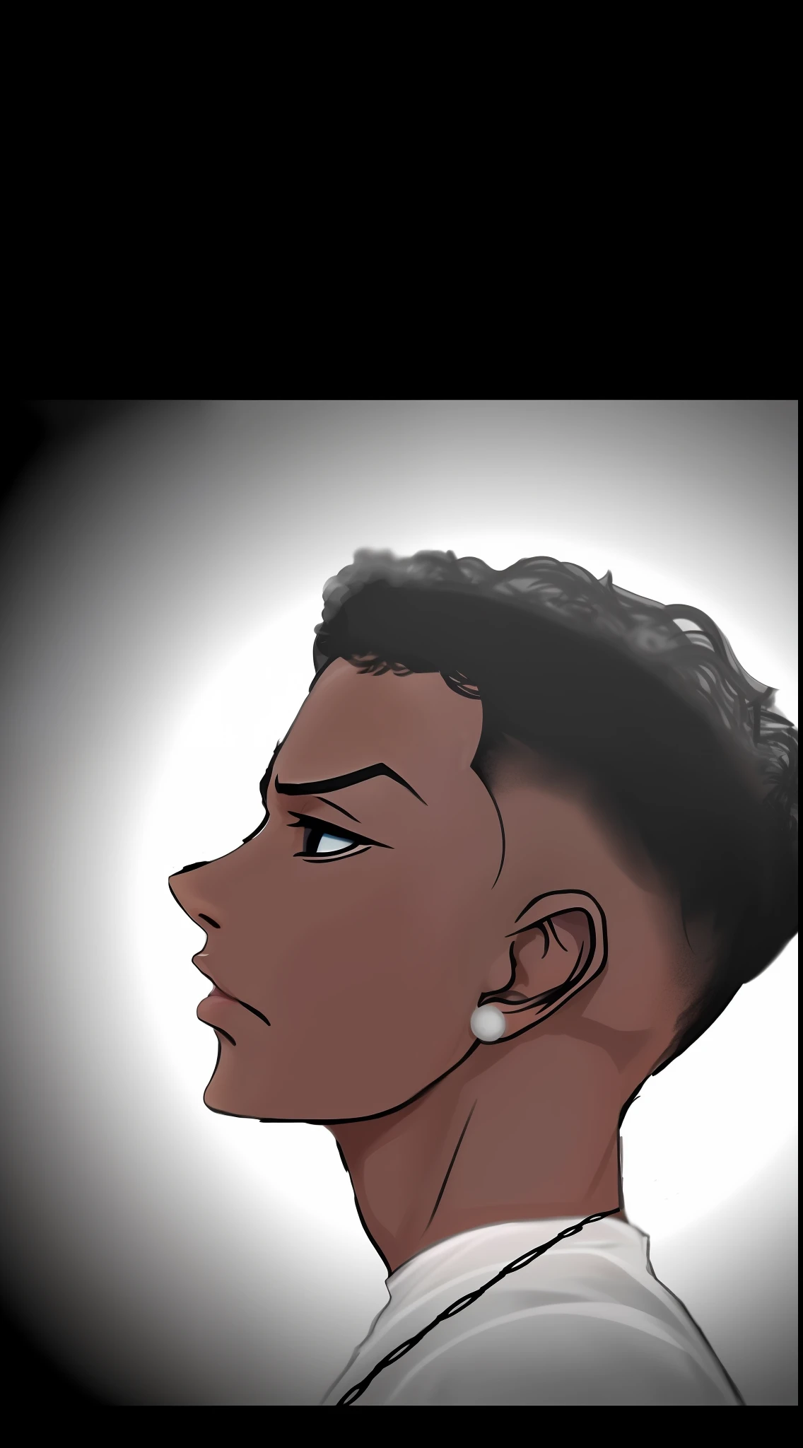 Um desenho animado de um homem com um moicano,cabelo cacheado,No estilo de phoenix de valorant, arte do perfil lateral, Foto de perfil, perfil lateral cenetered retrato, Pose de perfil, arte digital!!, Gatilho Estilo de Arte de Anime, desenho digital, retrato centrado no perfil lateral, Estilo anime de Will Smith, arte digital. @mariomaniacdude, retrato de perfil lateral, retrato estilizado,realista