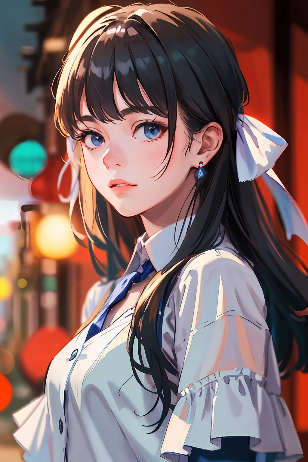 (highres, best quality:1.2), radiance, soft contours, beautiful drawing, cowboy shot, (soft focus:1.5) on the Foreground, (Bokeh-filled Foreground:1.2), Shallow Depth of Field, Delicate Blur, Subtle Transitions, Depth and Atmosphere, masterpiece,ultra realistic,32k,extremely detailed CG unity 8k wallpaper, best quality, masterpiece, 1girl, idol, ribbon,