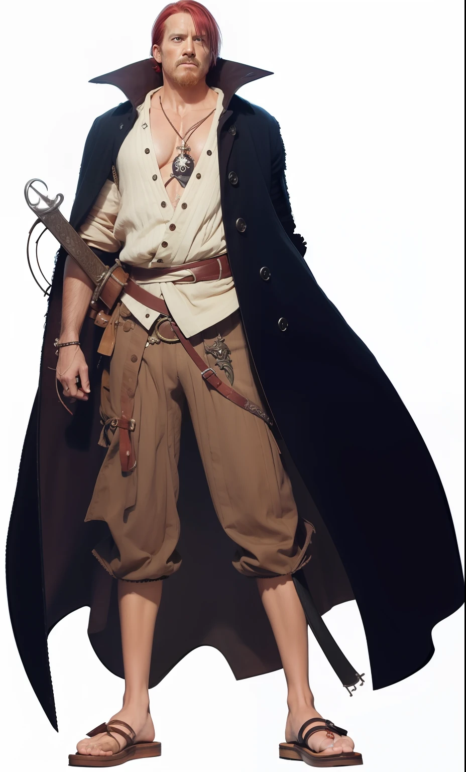 1man, shanks, pirates, sword, one hand, short hair, red hair, realistic, ultra detail, 77mm lens