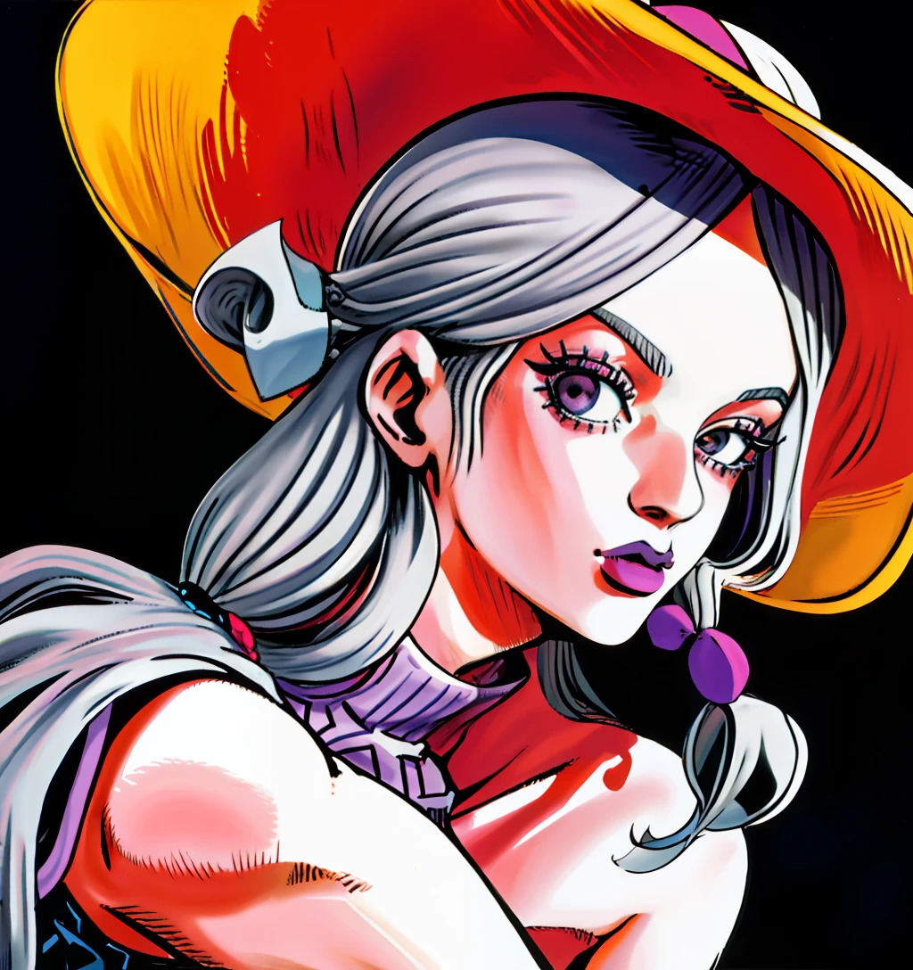 bucket-hat，((solofocus))，closeup cleavage，((Araki style)) ((wears))，Wide-brimmed hat，long  white hair，Silver-gray eyes，Long hair，woman，Lilac lips，parted lip，posing on a，JOJO:0.9，illustratio，line-art，Bold coloring，tmasterpiece，comic book art，best qualtiy，scanned，shades，illustratio，anime big breast，simple shading，Flat black background，