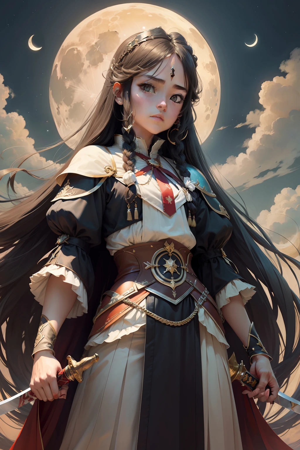 Costume Junior Long Hair Double Sword Roof Gaze at the moon