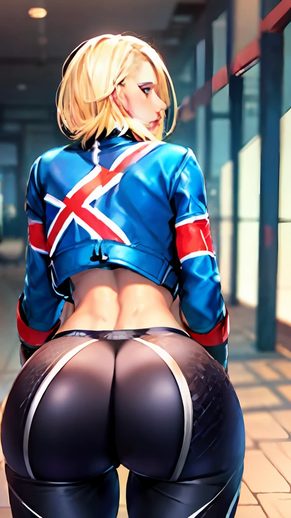 1 girl, Caucasian, ((detailed face)), Cammy of street wrestler outfit ((jacket)), (blue jacket on top) [black sports t-shirt] and (black yoga pants), (circumflex blonde hairstyle, short hair), bottom a gym, (arms behind back), (bend over), strutting her big ass pose elongated back, in a gym.