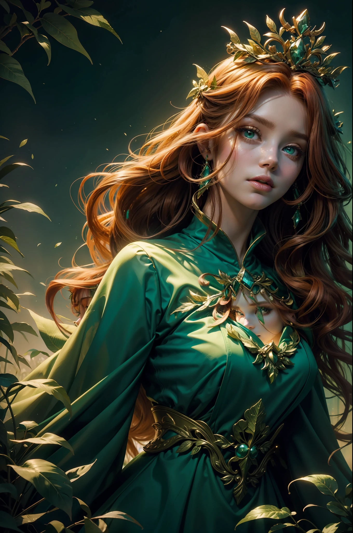 Close up of a Nature Goddess, redhead, long wavy hair, dark green eyes, wearing light make-up, tiara of green metallic leaves, biting her lip with pensative expression, dress with green, teal tones.