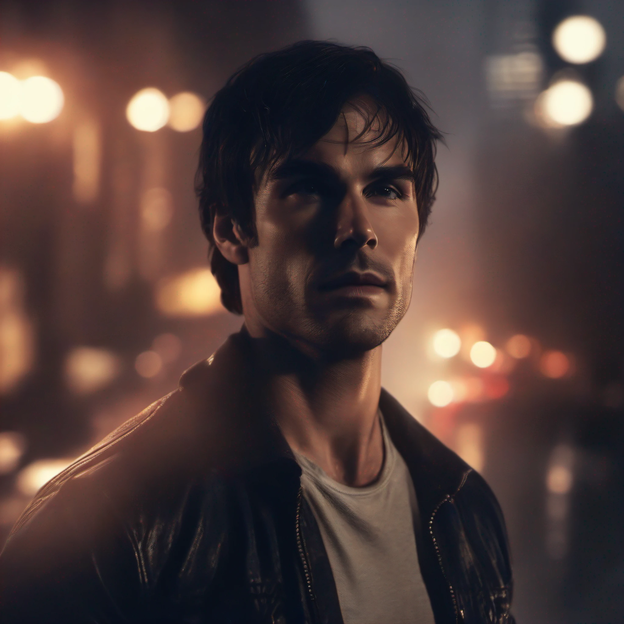 homem bonito, Damon Salvatore, (Ian Somerhalder), Nova York (noite), smoky background. Detalhado, alta resolução, super realista, cinematic lighthing, 8k, obra-prima, corpo inteiro