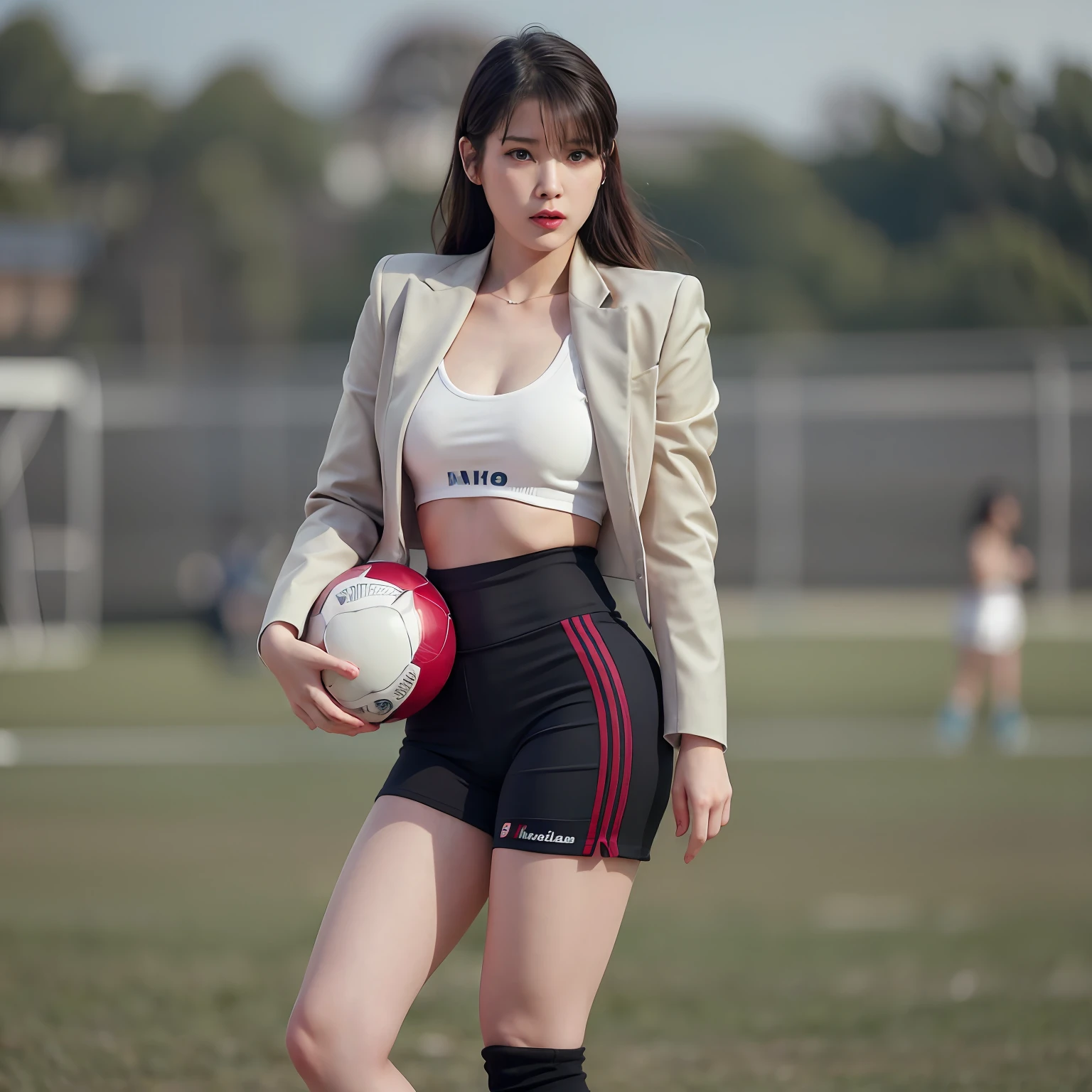 nikon RAW photo,8 k,Fujifilm XT3,photorealistic,realistic, solo, photorealistic, best quality, ultra high res, (skin spots:0.1) serious expression, , standing against a soccer field, woman football tight sexy suit, football lady clothes, masterpiece, best quality, extremely detailed face, perfect lighting, solo,1girl, sexy sight best quality, ultra high res, photorealistic, ultra detailed, masterpiece, best quality, iu1, tiny nice butt, photoshoot