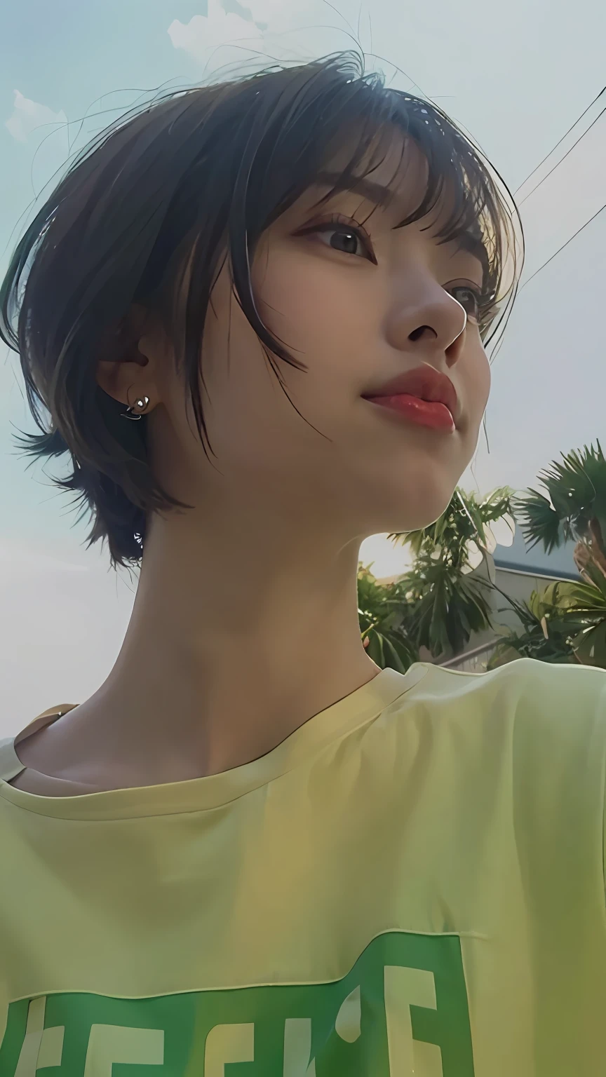 a close up of a woman with a green shirt on, attractive neck, neck visible, neck zoomed in, neck zoomed in from lips down, 🤤 girl portrait, collar on neck, thick jawline, wearing wheat yellow gauze, fluffy neck, the hime cut, with short hair, chiho, camera angle looking up at her, camera looking up at her