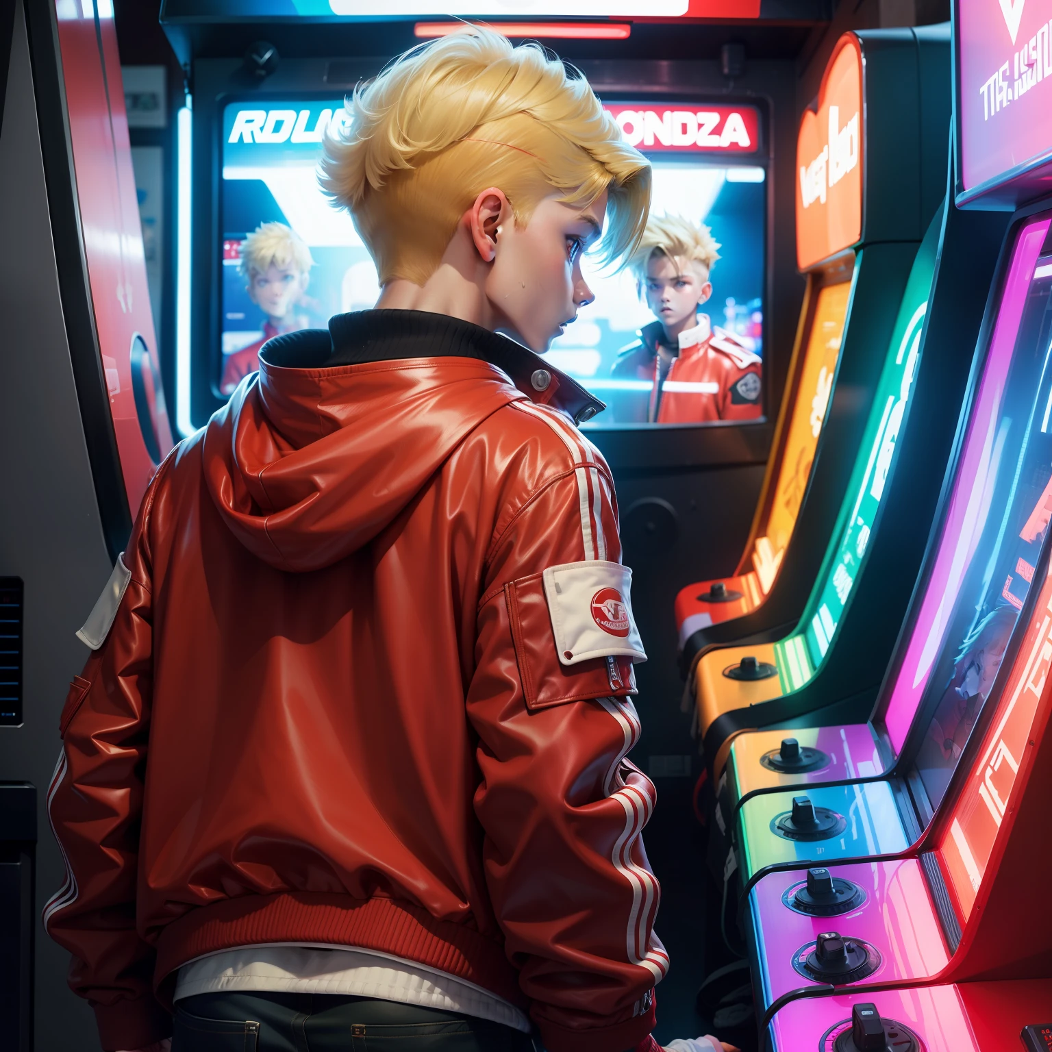 Widescreen image seen from behind of a boy wearing a red jacket with white sleeves white details on the jacket. In front of an Arcade machine playing Arcade in an environment 80's Arcade ultra realism neon effect blonde hair mullet style