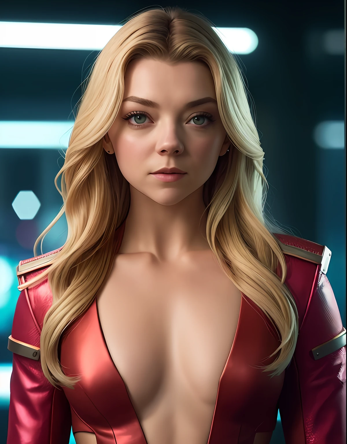 Close-up, foto crua de Natalie Dormer, cabelo cortado lateral curto, Cidade Cyberpunk movimentada com placas de neon, altamente detalhada, arts station, liso, foco nítido, 8k, trending in instagram, Trending on Tumblr, HDR 4K, 8k
