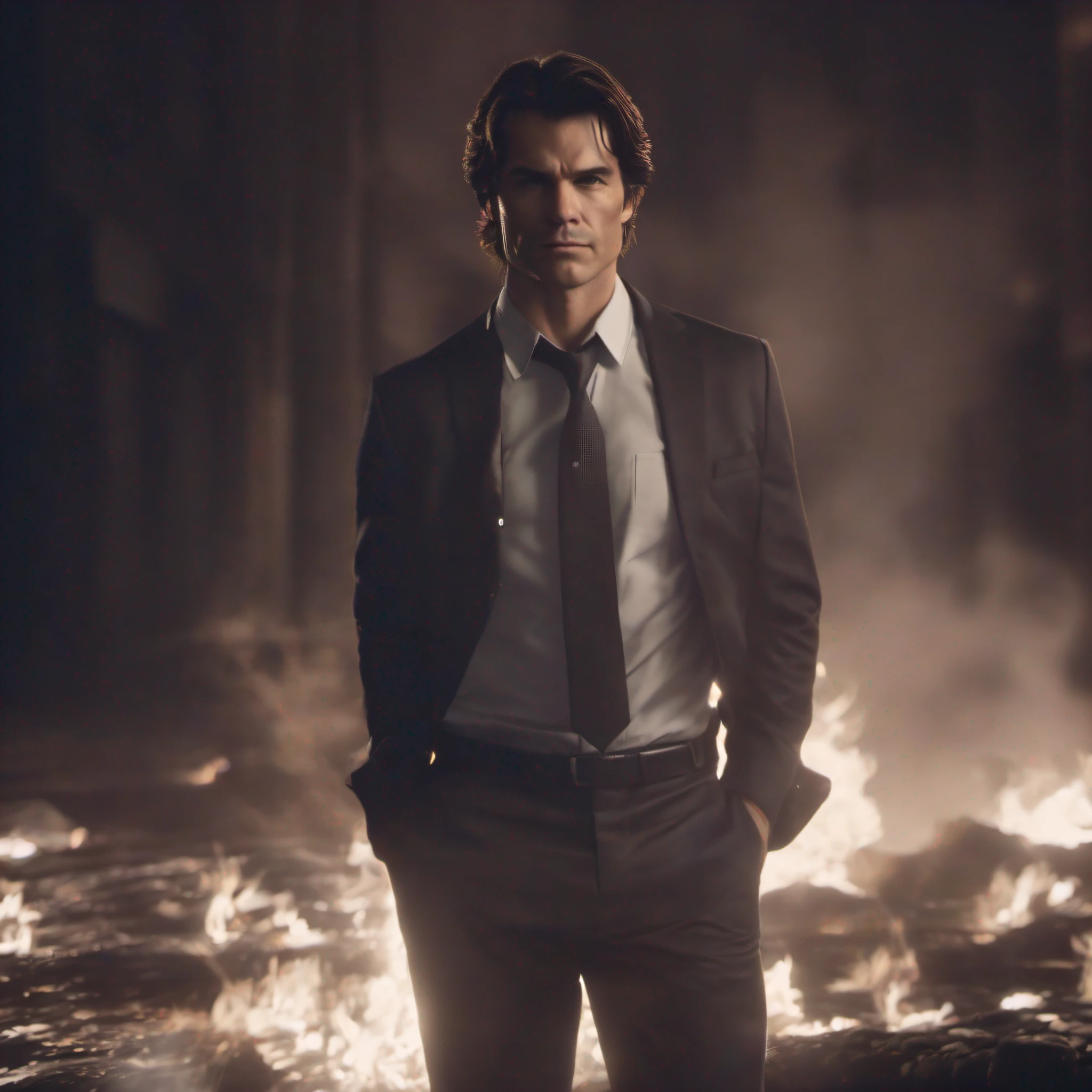 homem bonito, Damon Salvatore, (corpo inteiro), usando terno, button-up shirt, Nova York (noite), smoky background. Detalhado, alta resolução, super realista, cinematic lighthing, 8k, obra-prima.