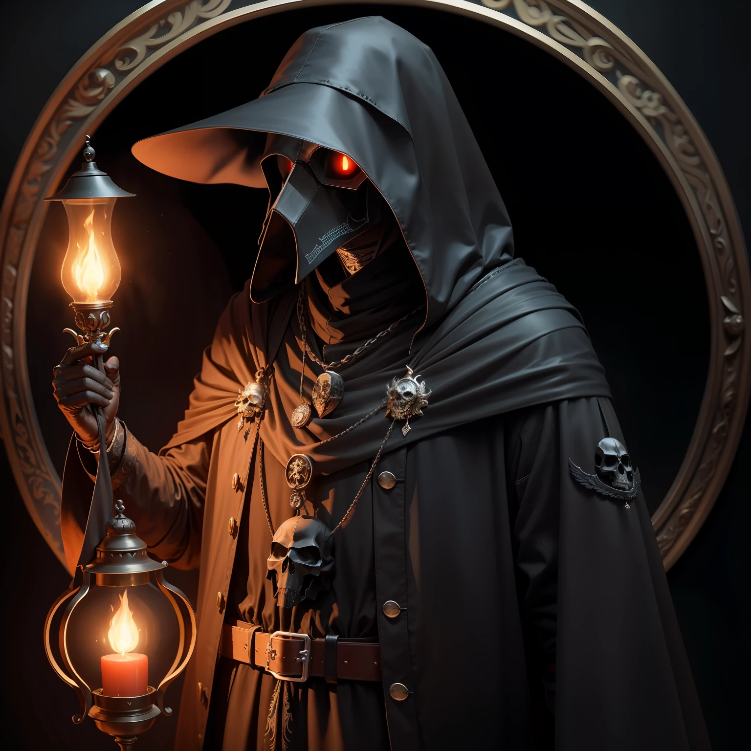 black plague doctor holding a flaming lamp and skull adornments in neo traditional tattoo style