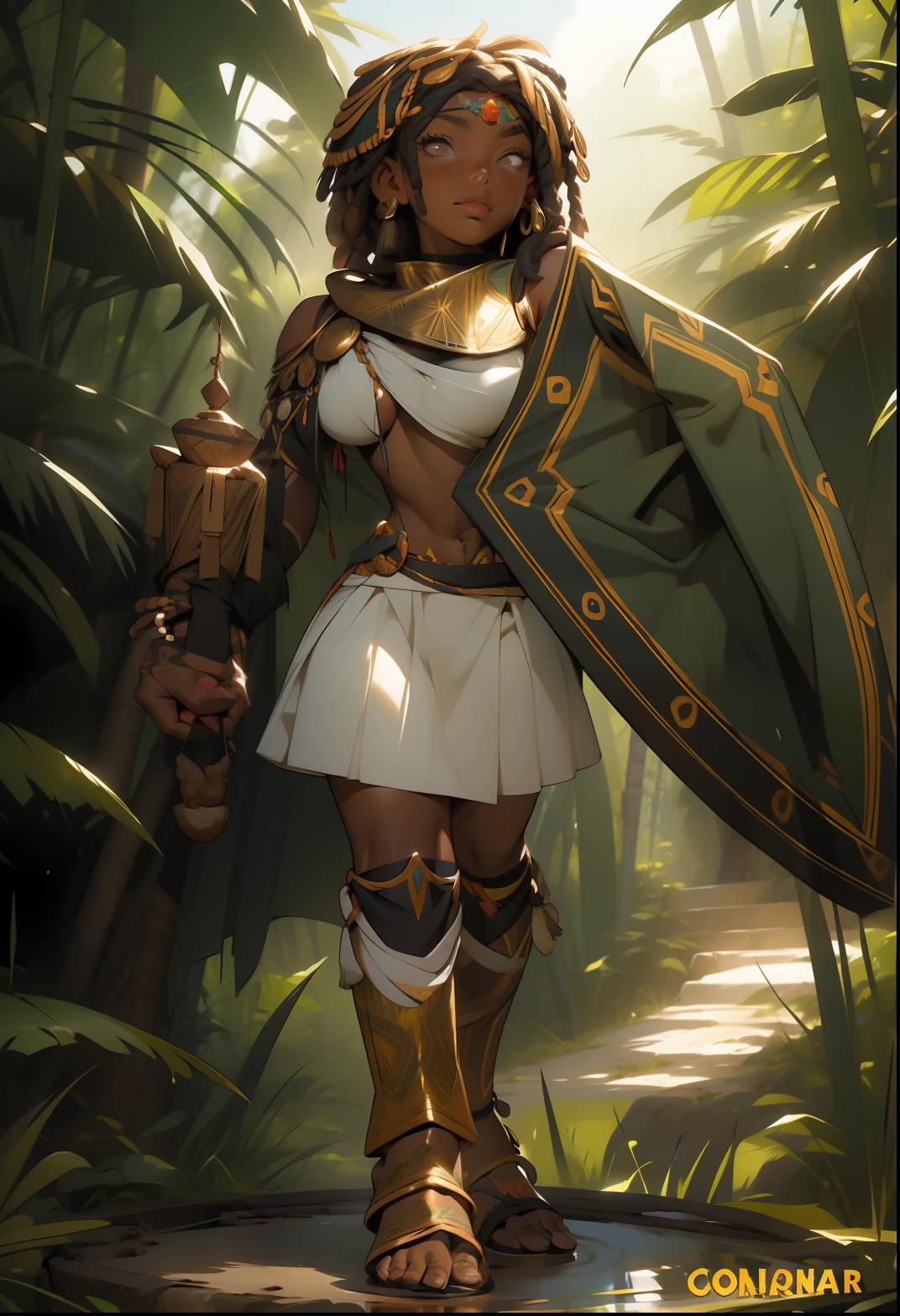 (((Absurdo))), (((melhor qualidade))), (((obra prima))), mulher africana de 19 anos musculosa, olhos castanhos, detailed lashes, thin and delicate hands, guerreira Zulu, pinturas de guerra pelo corpo, corpo perfeito e proporcional, Black-skinned savanna warrior wearing very few clothes and many necklaces and body adornments, Tiny bikini made of African beads, holding a spear and walking through the forest, vegetation, muito calor, she is sweaty and her black skin glows under the scorching sun of Africa