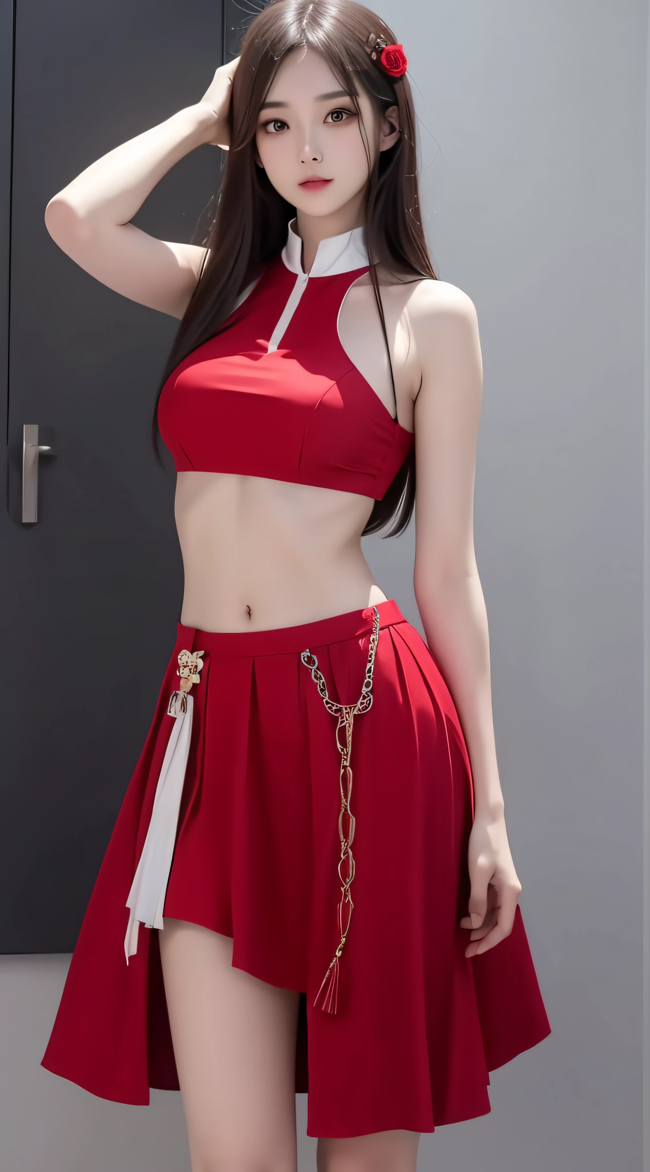 4K ultra, masterpiece, a girl, good face, detailed eyes, straight hair, very long hair, skirt, half skirt, red color skirt, bare belly, shinning, high lights, realistic background, whole body capture,