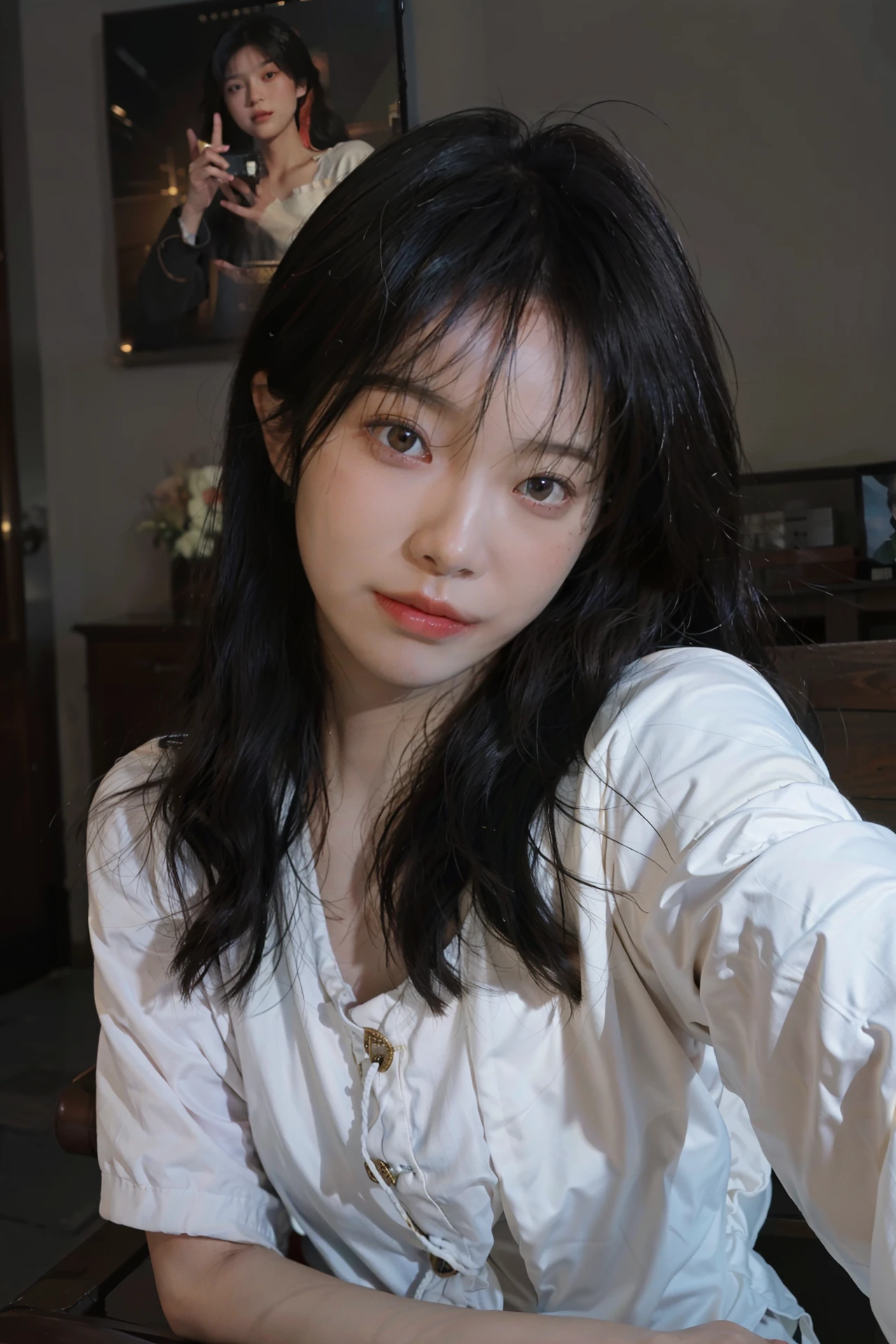8K, Best Quality, Masterpiece, Ultra High Resolution, (Realism: 1.4), Original Photo, (True Skin Texture: 1.3), (Film Grain: 1.3), (Selfie Angle), 1 Girl, Beautiful Eyes and Face Details, Masterpiece, Best Quality, Close Up, Full Body,