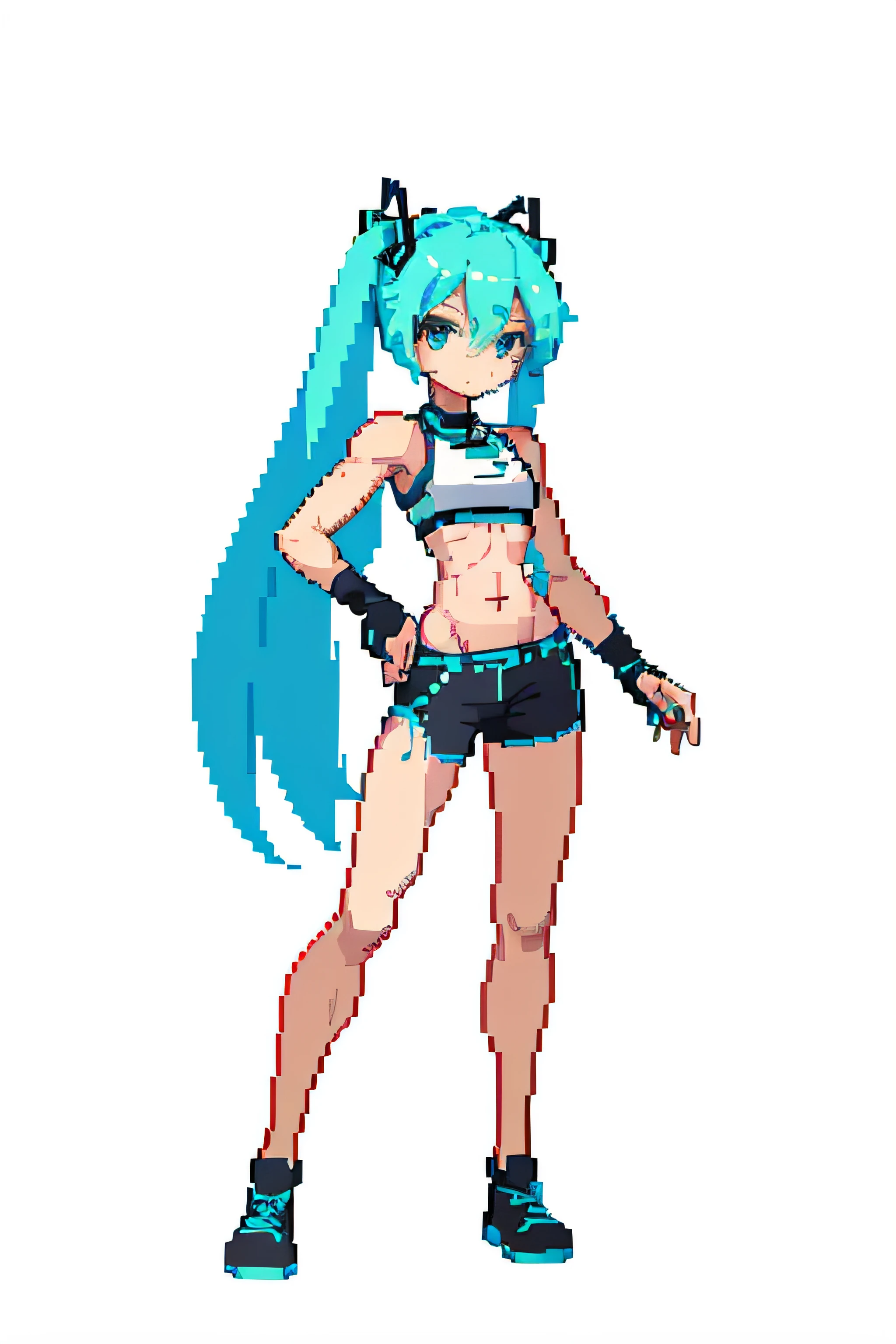 (masterpiece, top quality, best quality), pixel, pixel art, 1girl, hatsune miku, full body, abs, six pack, stomach, belly button, (ripped abdomen:1.6), ((female muscles)), tight clothes, muscular legs, muscular arms,