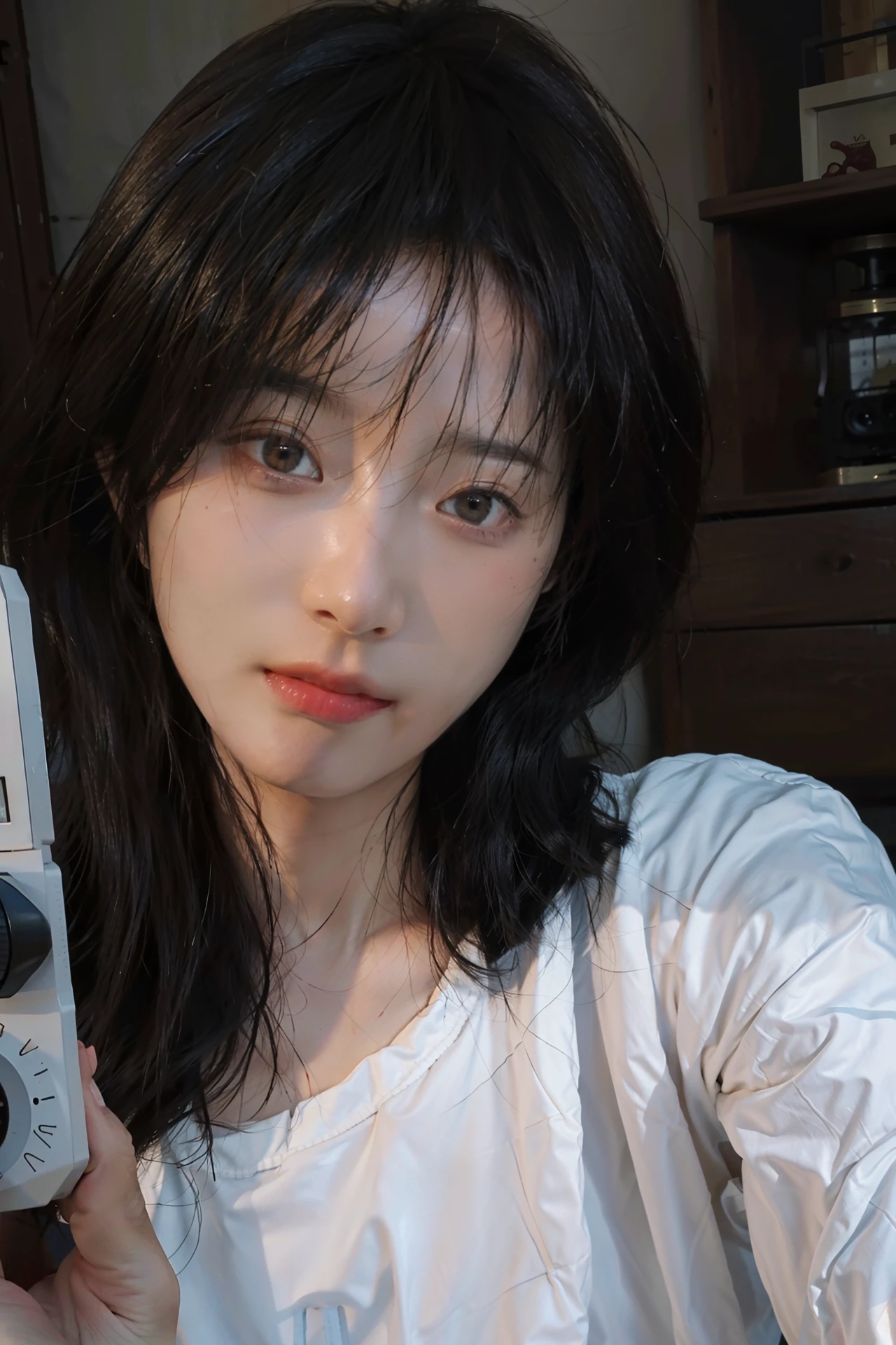 8K, Best Quality, Masterpiece, Ultra High Resolution, (Realism: 1.4), Original Photo, (True Skin Texture: 1.3), (Film Grain: 1.3), (Selfie Angle), 1 Girl, Beautiful Eyes and Face Details, Masterpiece, Best Quality, Close Up, Full Body,