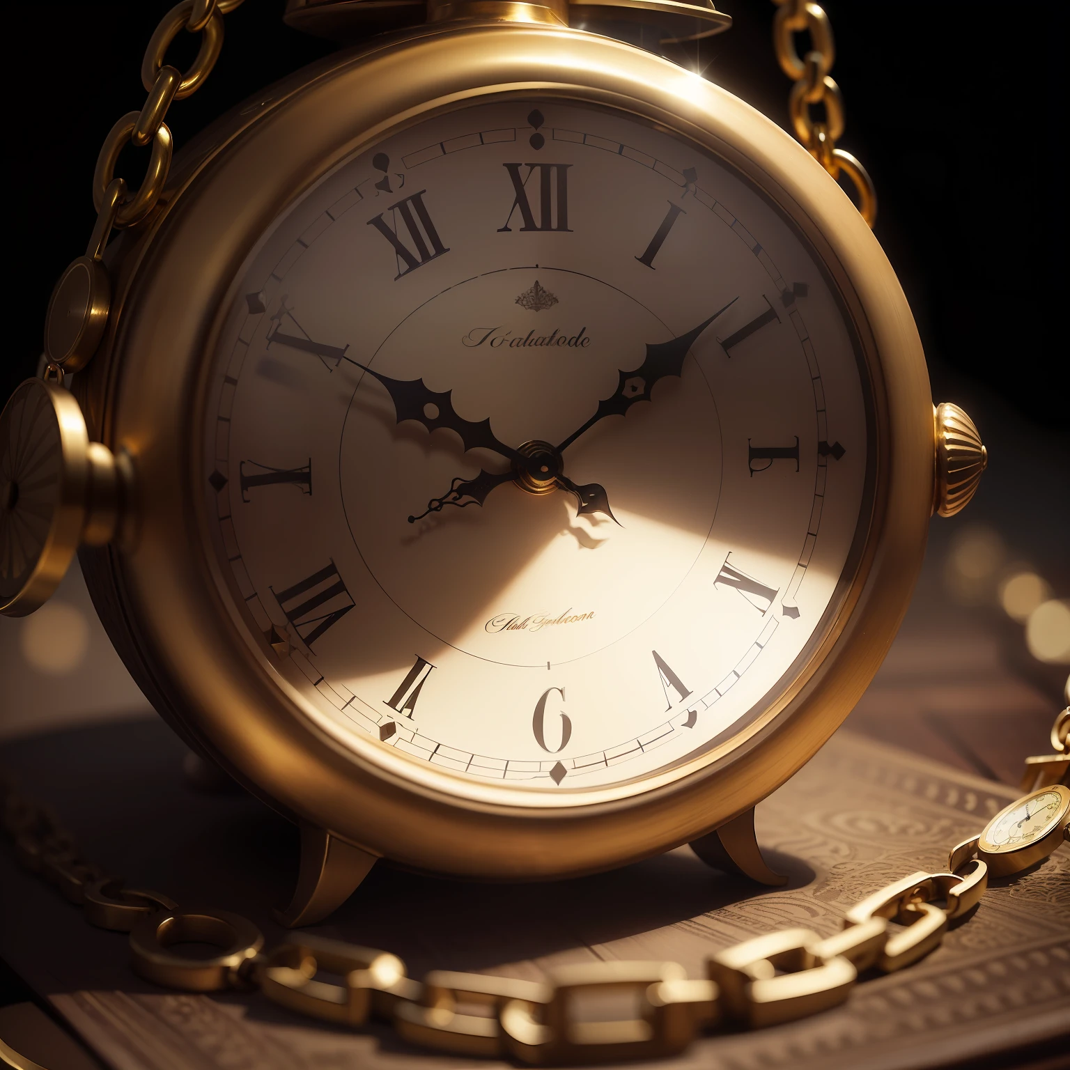 "Antique clock with golden chain floating elegantly on a dark background, focalizando no detalhe do mostrador envelhecido e desgastado, adding a vintage and sophisticated touch to the image."