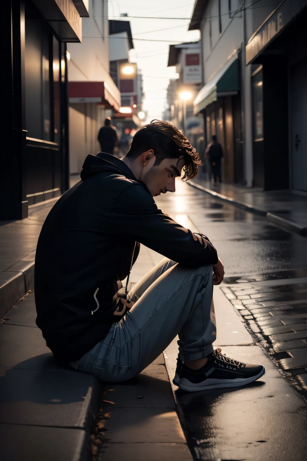 Man in the distance sitting on the sad sidewalk, imagem preto e branco, quase noite