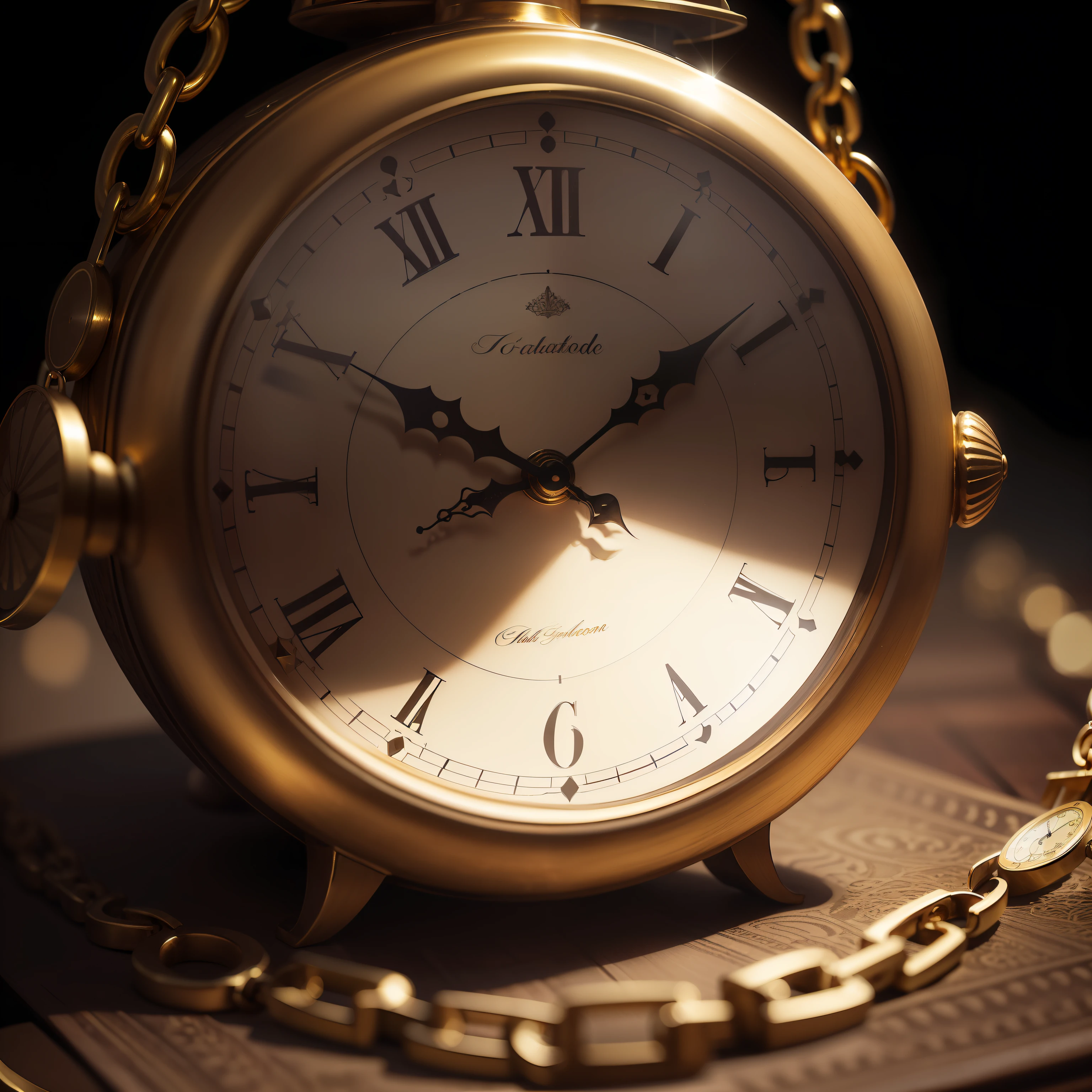 "Antique clock with golden chain floating elegantly on a dark background, focalizando no detalhe do mostrador envelhecido e desgastado, adding a vintage and sophisticated touch to the image."