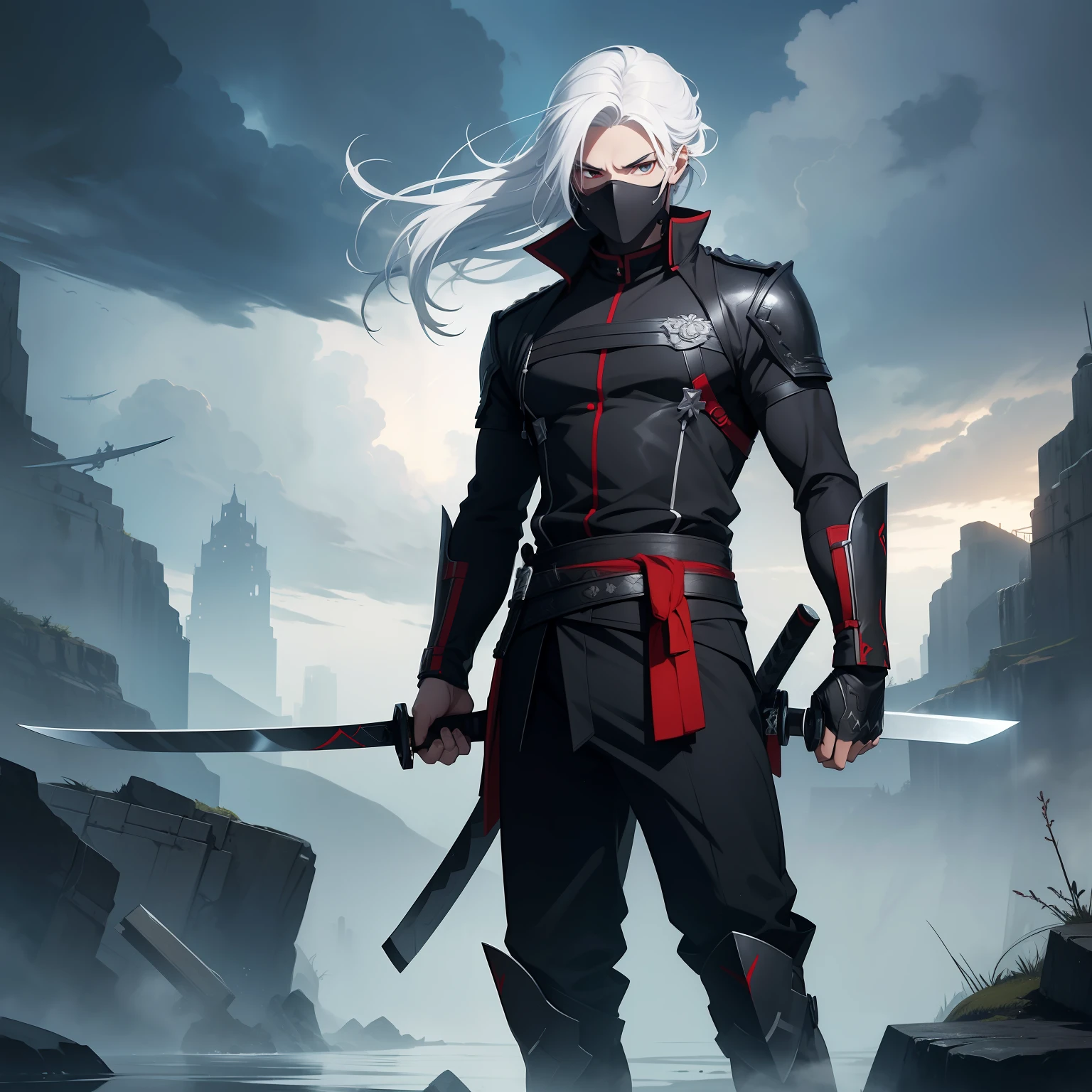 (masterpiece, best quality, ultra detailed, 8k resolution, full body view), assassin, mask, white hair, sleek and form-fitting black costume with strategic red accents, black combat footgear, holding two swords and in a stormy atmosphere, weapon, 1boy, sword, male focus, holding, sharingan eyes, holding weapon, holding sword, sheath, white hair, solo, katana, looking at viewer