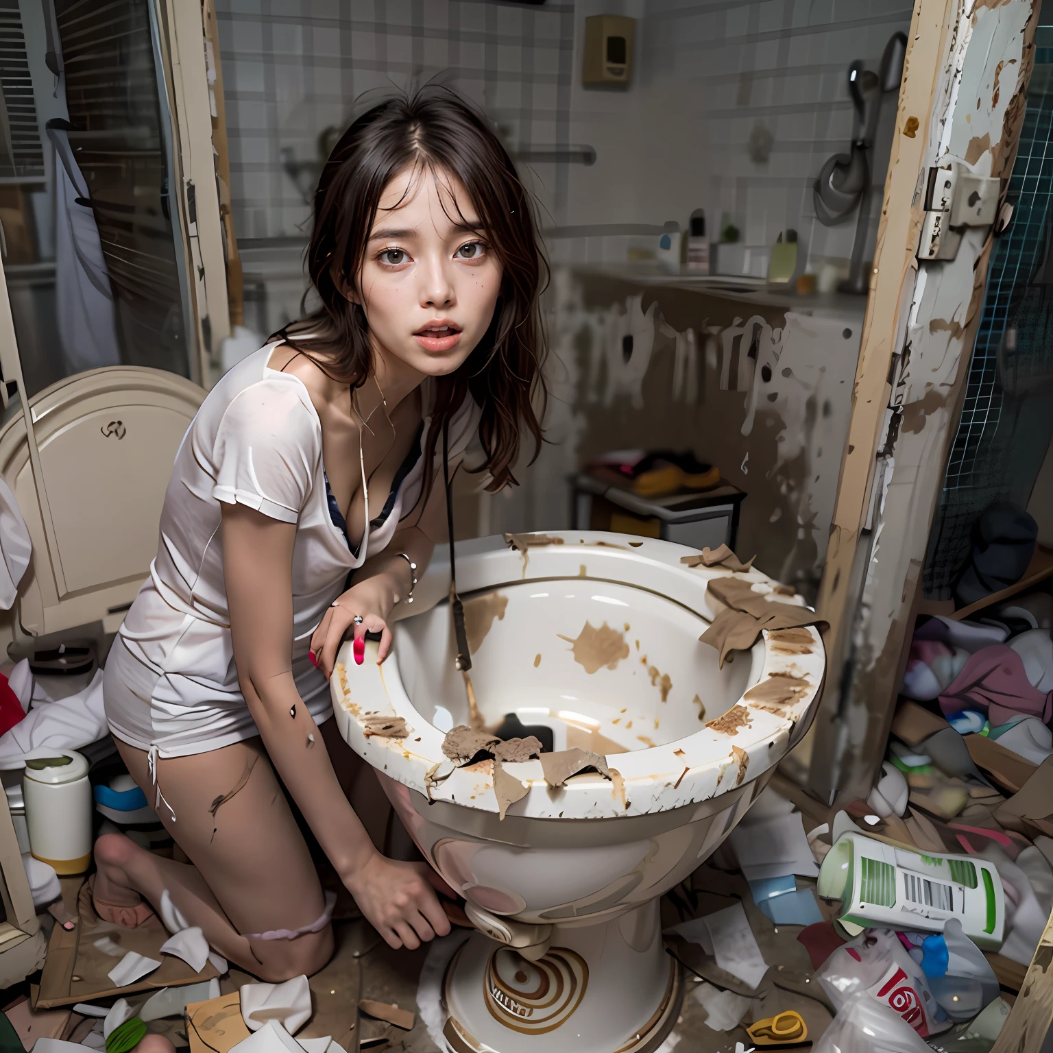 abandoned toilet，Sexy standing pose，Garbage all over the ground，grimy，Dilapidated，Devastated，best qualtiy，full-body portraits（1：1），delicated face，18 years old girls，lean and slender body，Skinny，Smaller bust，The barefoot，junk，exhibitionism，exhibitionists，no clothes are worn，don't have clothes